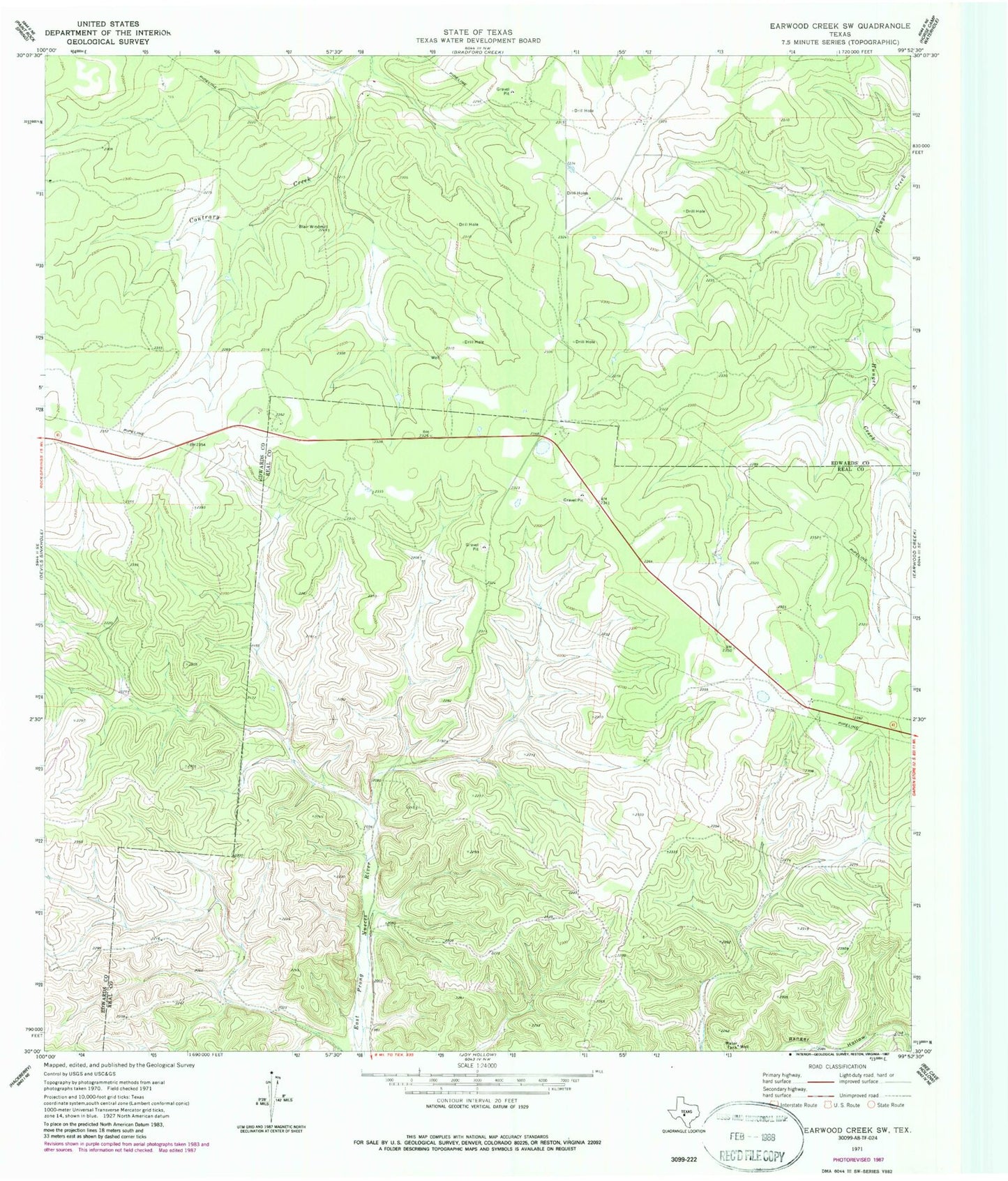 Classic USGS Earwood Creek SW Texas 7.5'x7.5' Topo Map Image