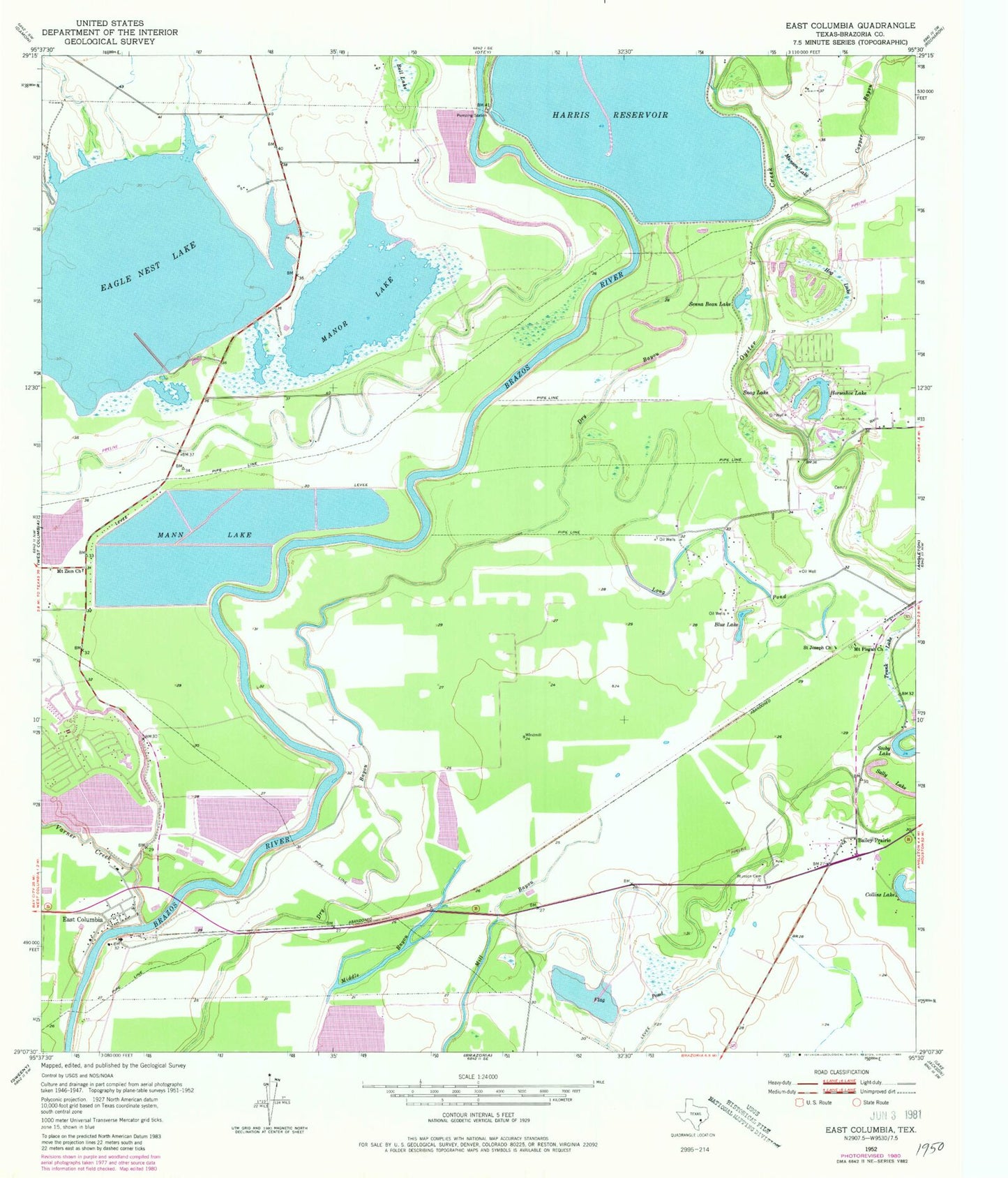 Classic USGS East Columbia Texas 7.5'x7.5' Topo Map Image
