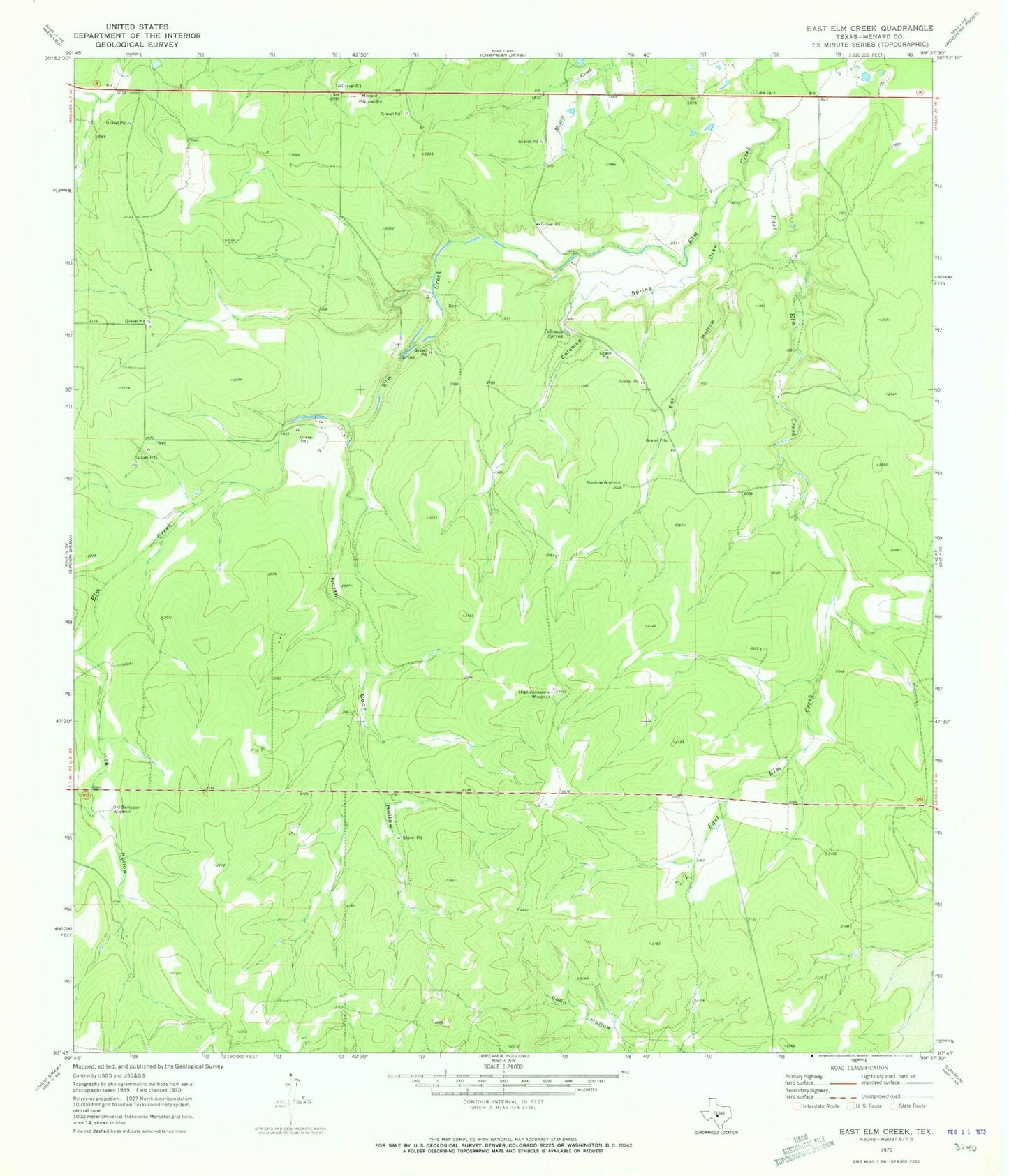 Classic USGS East Elm Creek Texas 7.5'x7.5' Topo Map Image