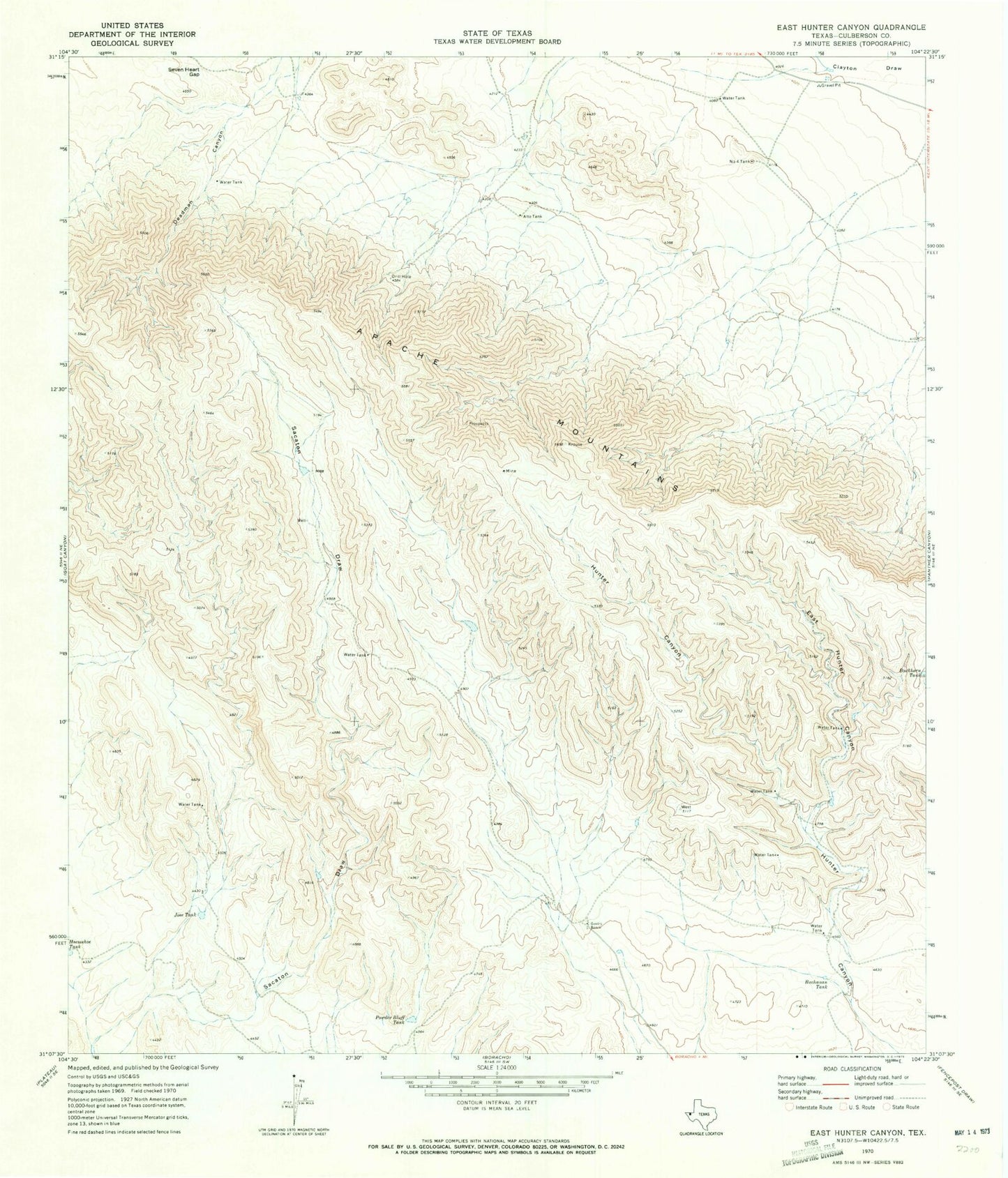 Classic USGS East Hunter Canyon Texas 7.5'x7.5' Topo Map Image