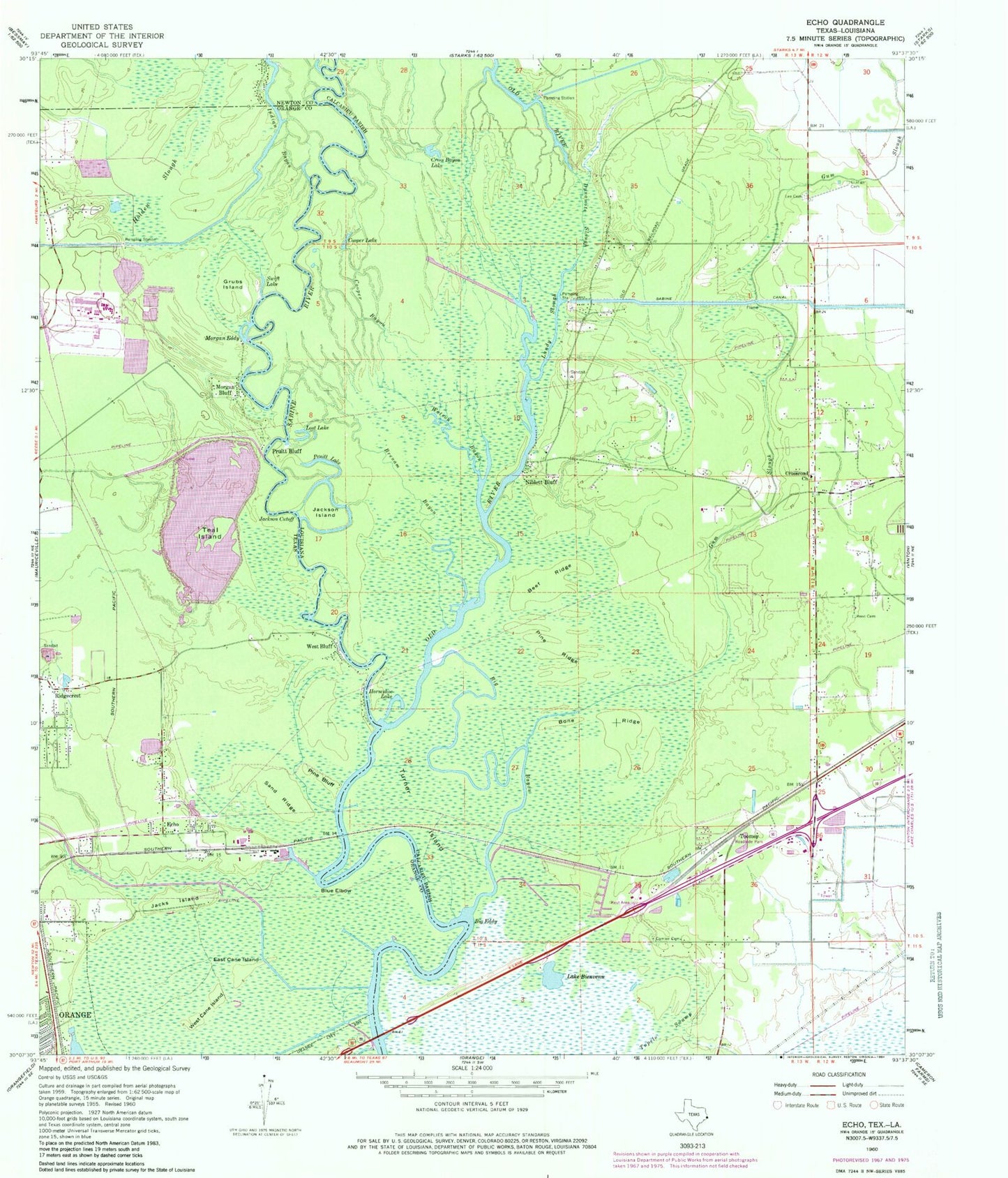 Classic USGS Echo Texas 7.5'x7.5' Topo Map Image