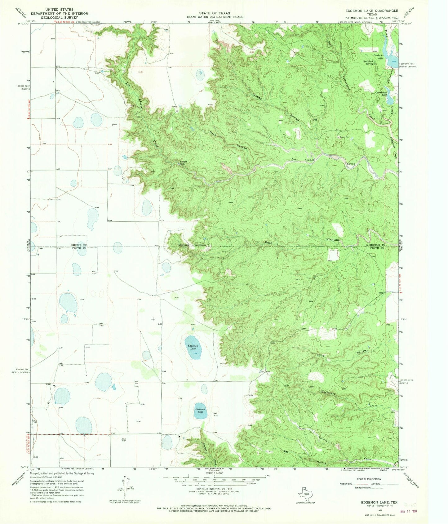 Classic USGS Edgemon Lake Texas 7.5'x7.5' Topo Map Image