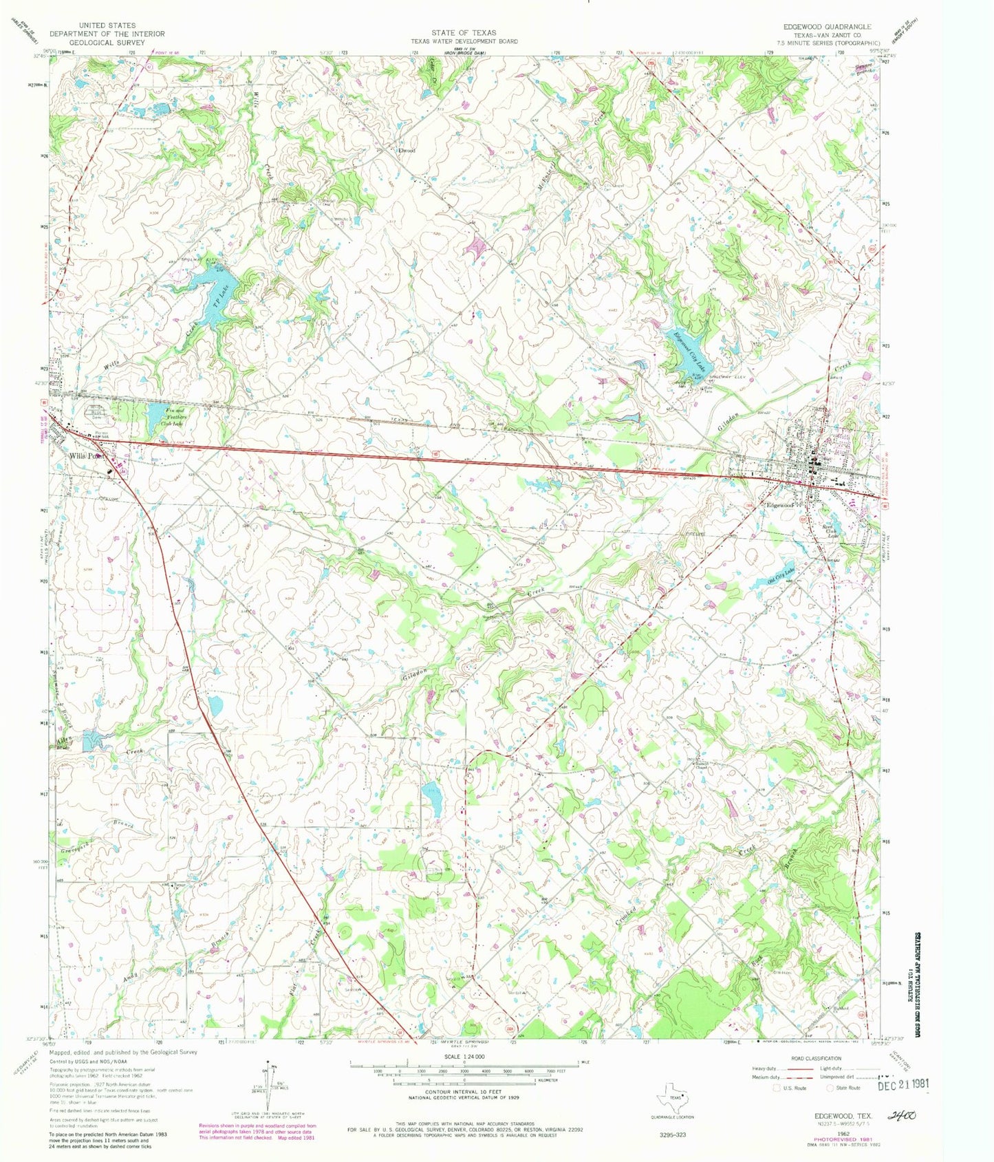 Classic USGS Edgewood Texas 7.5'x7.5' Topo Map Image