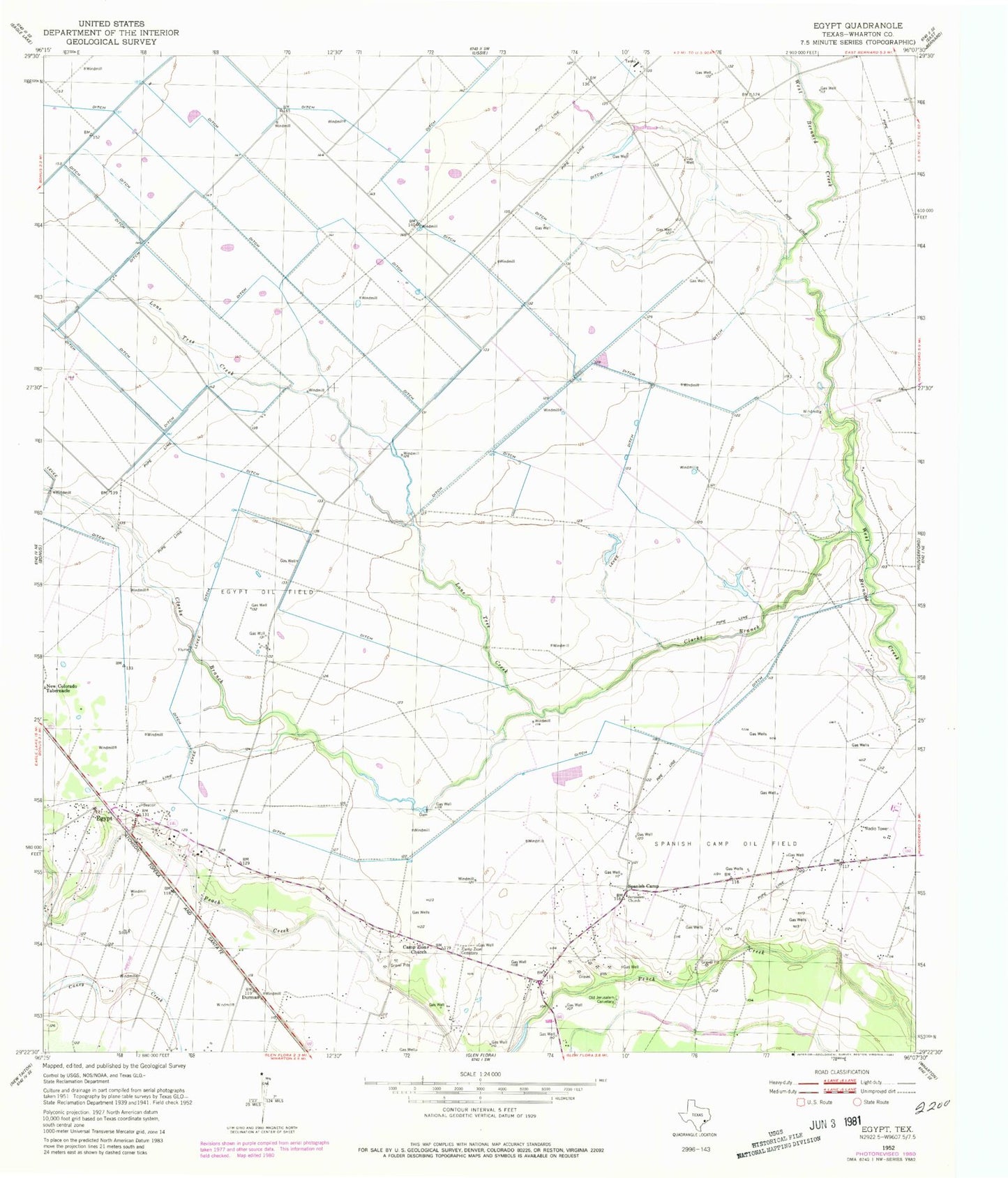 Classic USGS Egypt Texas 7.5'x7.5' Topo Map Image