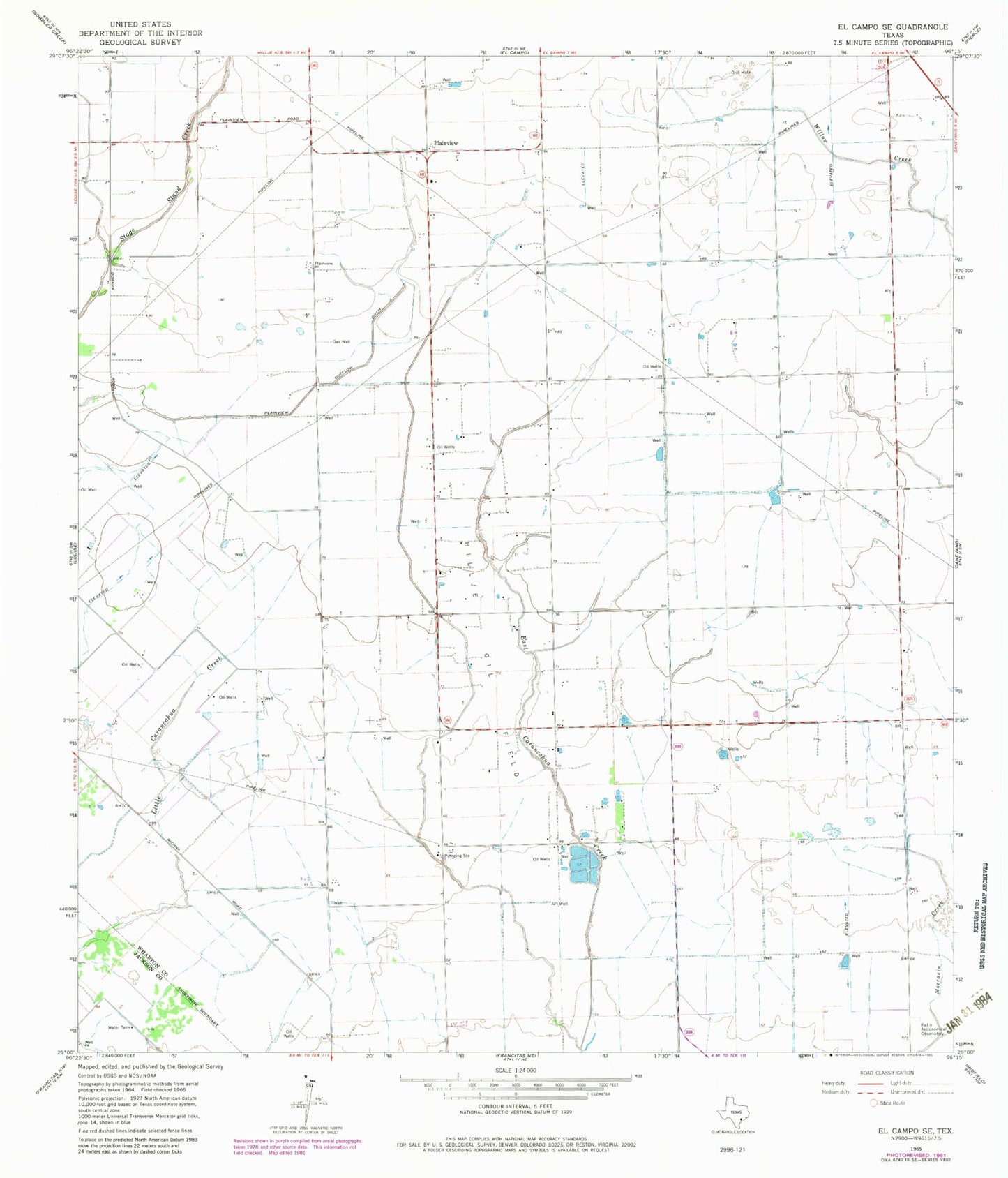 Classic USGS El Campo SE Texas 7.5'x7.5' Topo Map Image