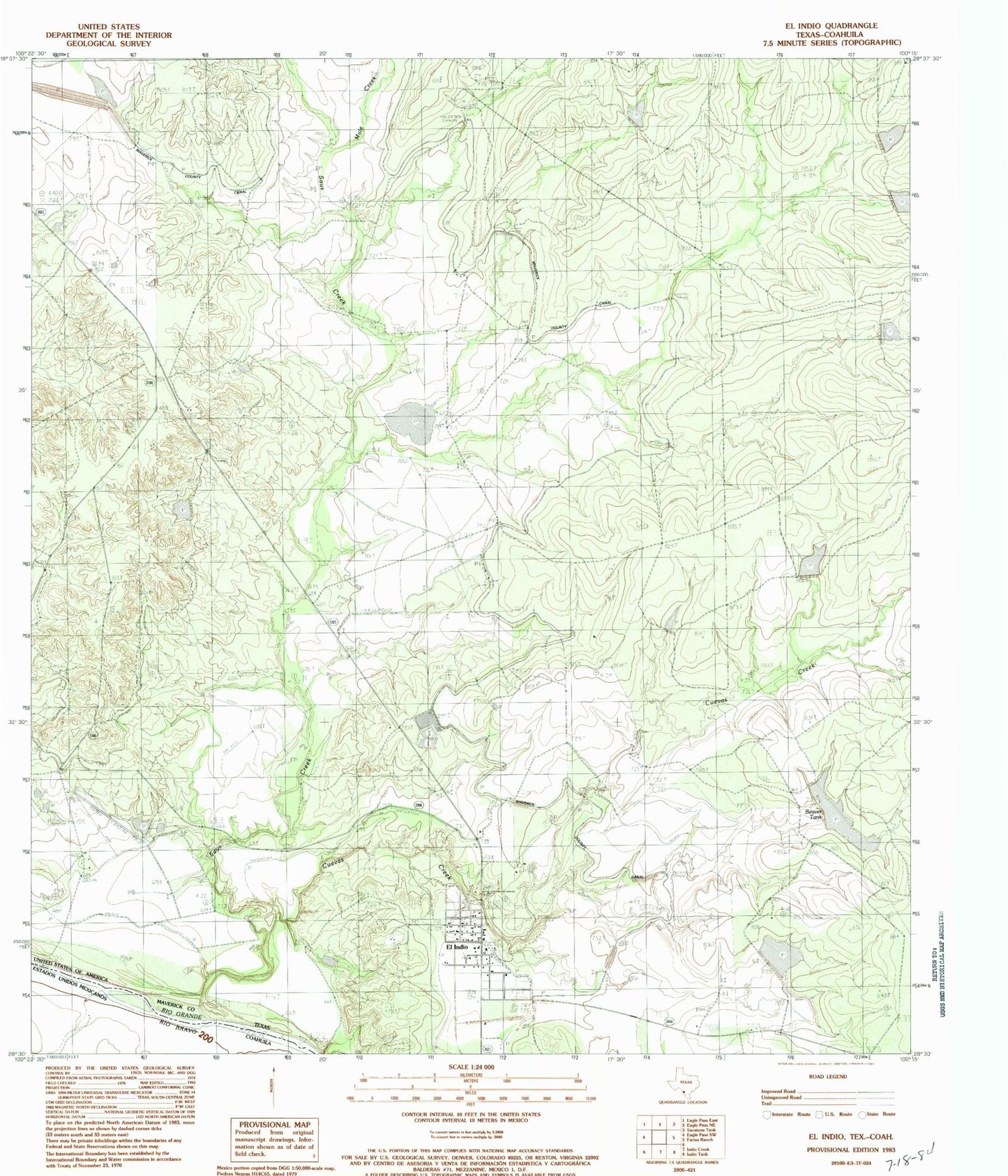 Classic USGS El Indio Texas 7.5'x7.5' Topo Map Image