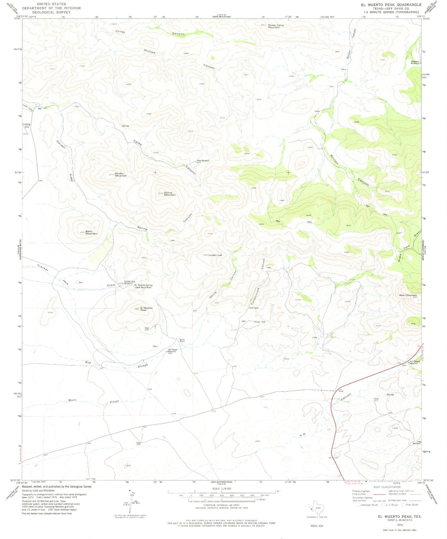 Classic USGS El Muerto Peak Texas 7.5'x7.5' Topo Map Image