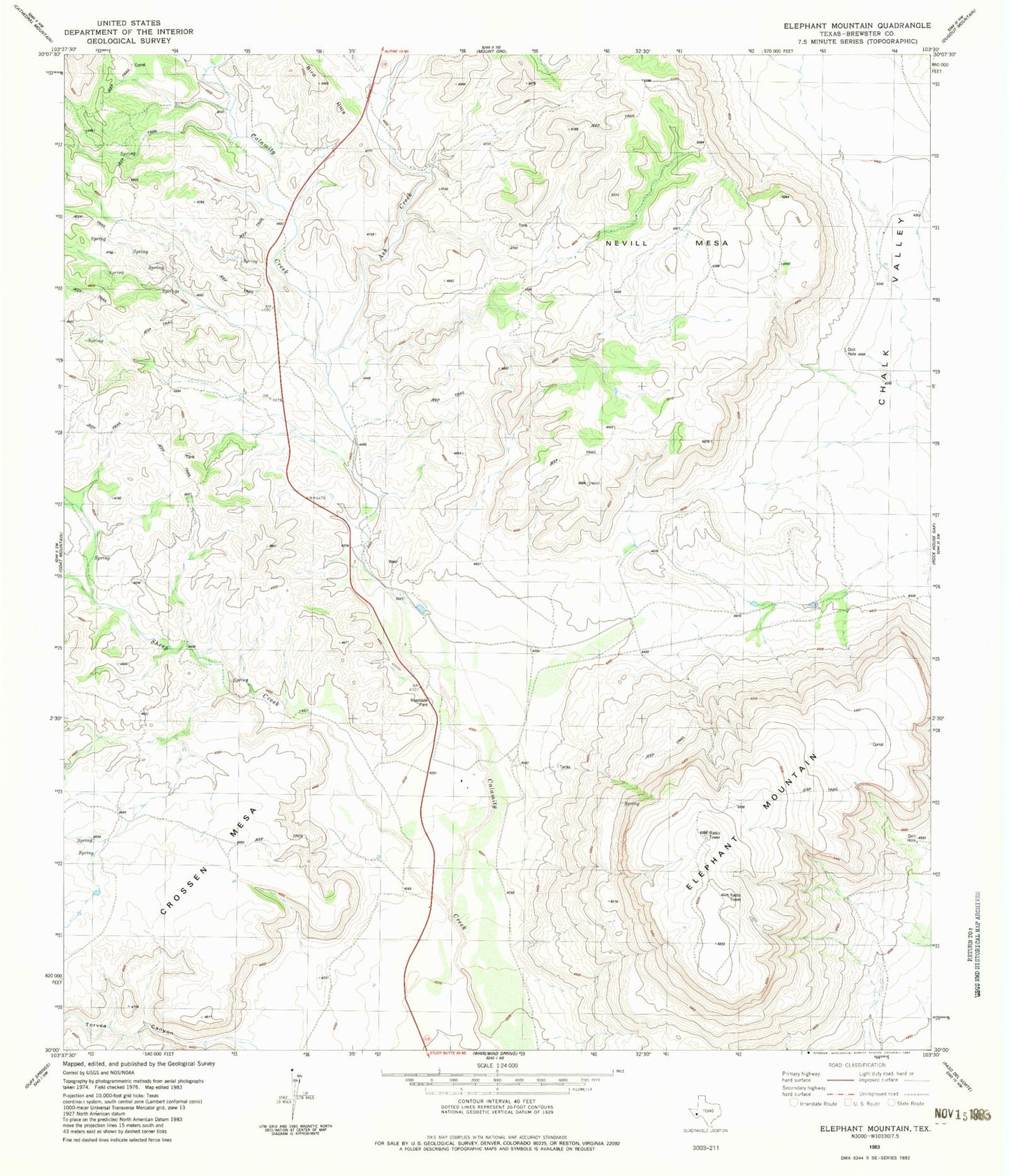 Classic USGS Elephant Mountain Texas 7.5'x7.5' Topo Map Image