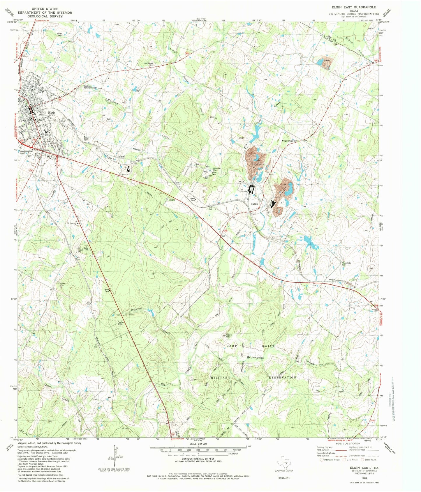 Classic USGS Elgin East Texas 7.5'x7.5' Topo Map Image