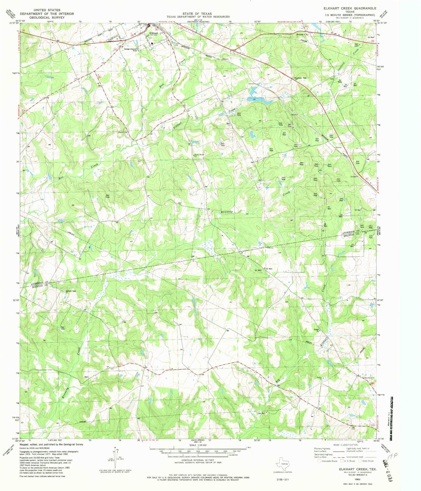 Classic USGS Elkhart Creek Texas 7.5'x7.5' Topo Map Image