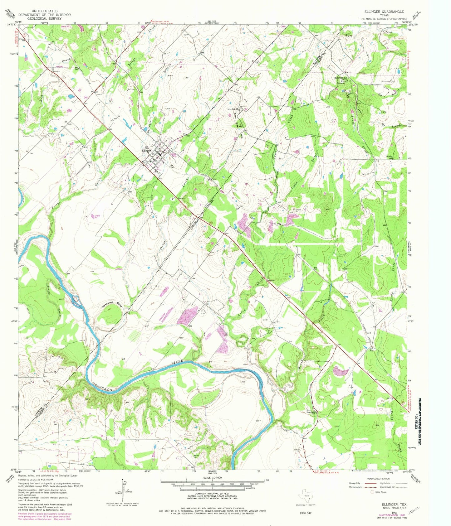 Classic USGS Ellinger Texas 7.5'x7.5' Topo Map Image