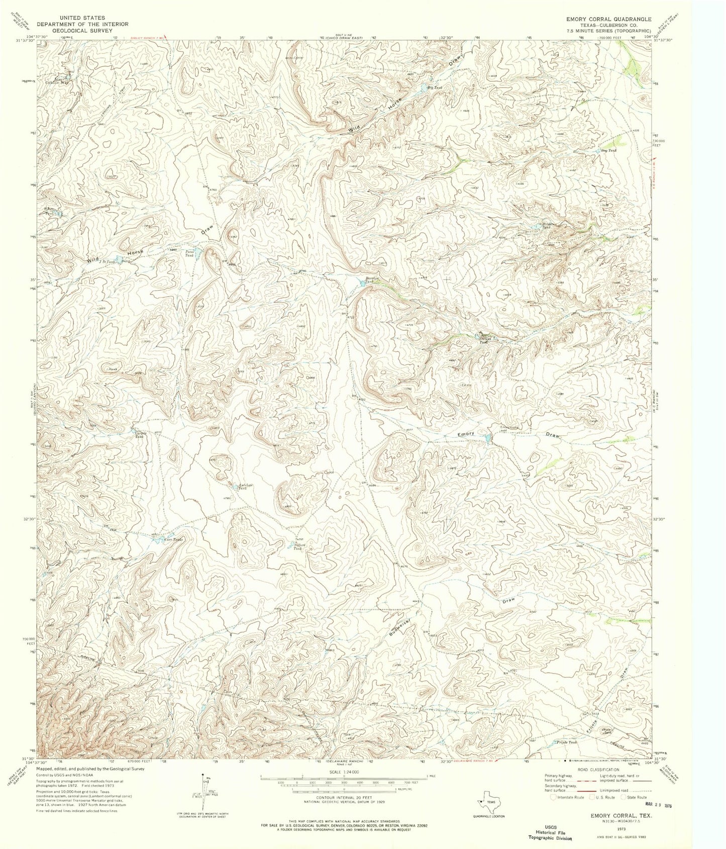 Classic USGS Emory Corral Texas 7.5'x7.5' Topo Map Image