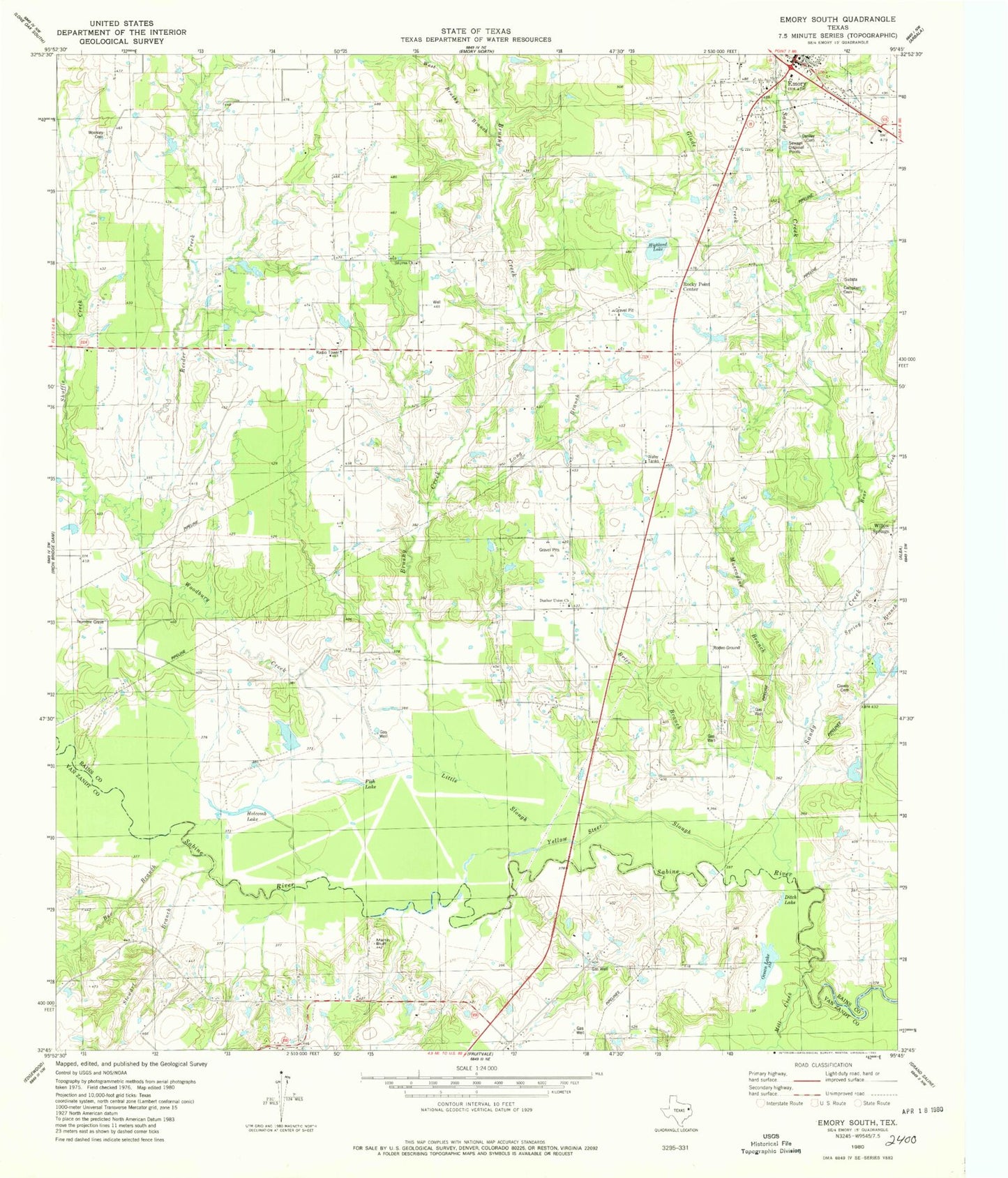Classic USGS Emory South Texas 7.5'x7.5' Topo Map Image
