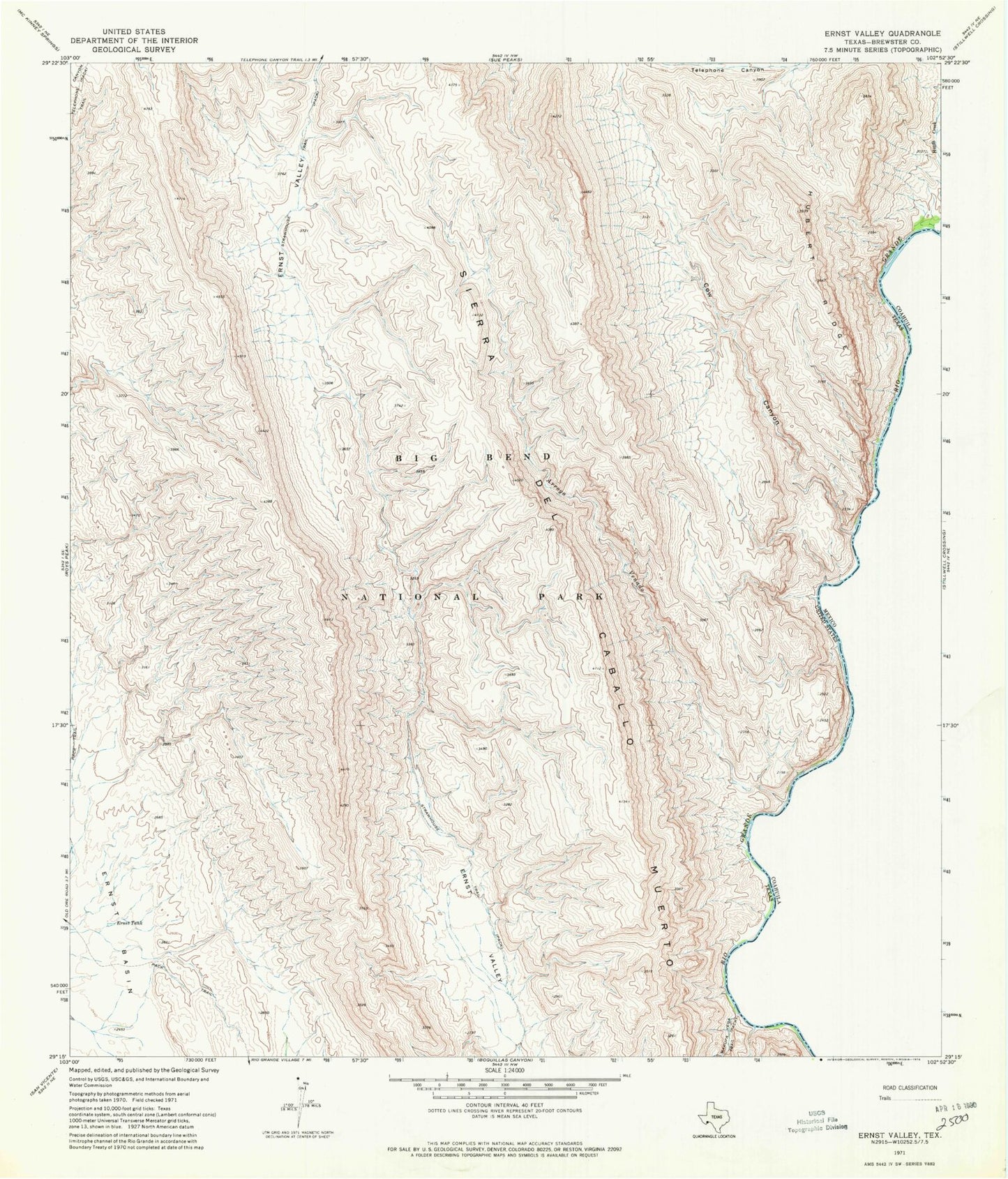 Classic USGS Ernst Valley Texas 7.5'x7.5' Topo Map Image