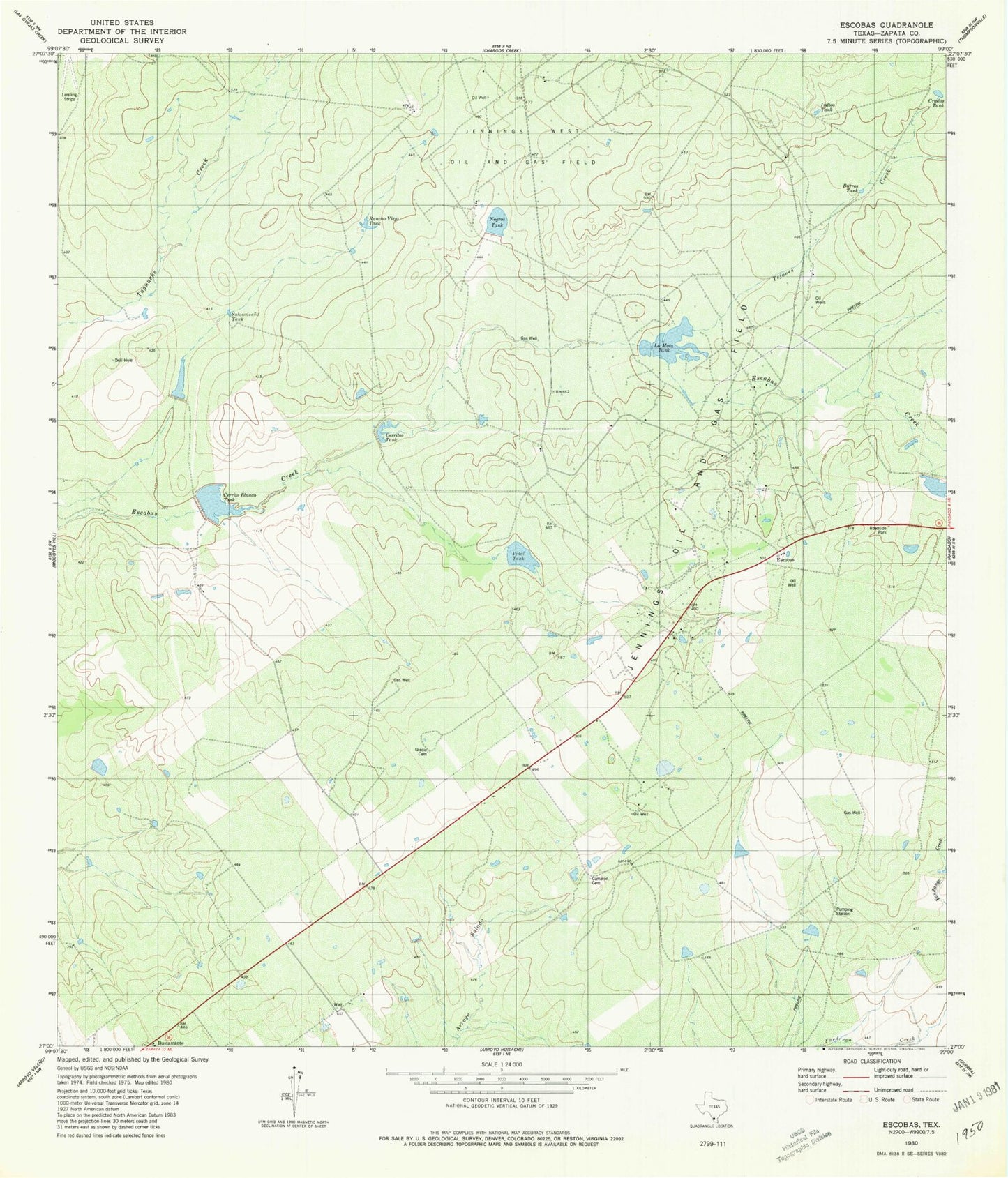 Classic USGS Escobas Texas 7.5'x7.5' Topo Map Image