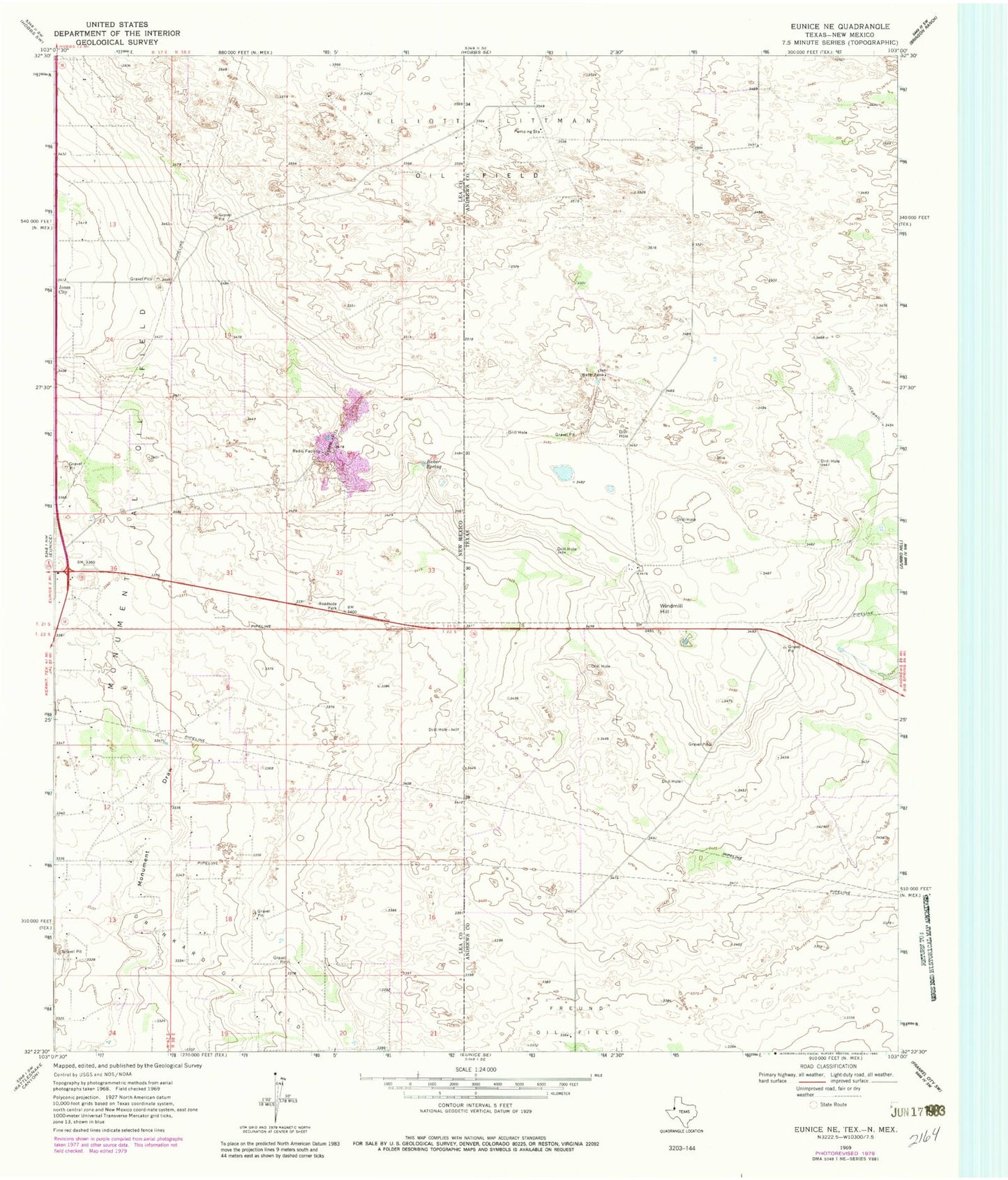 Classic USGS Eunice NE Texas 7.5'x7.5' Topo Map Image