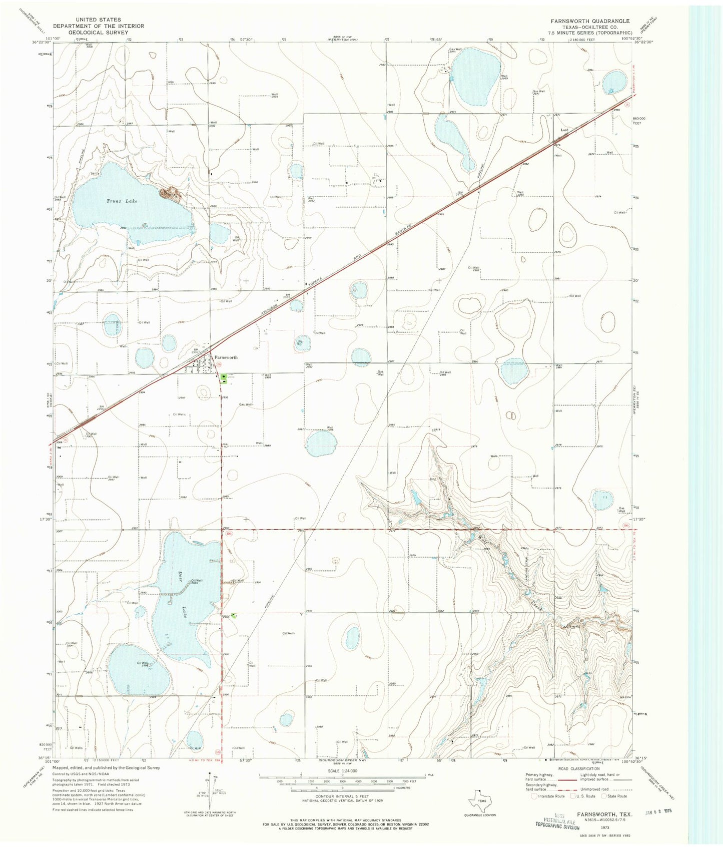 Classic USGS Farnsworth Texas 7.5'x7.5' Topo Map Image
