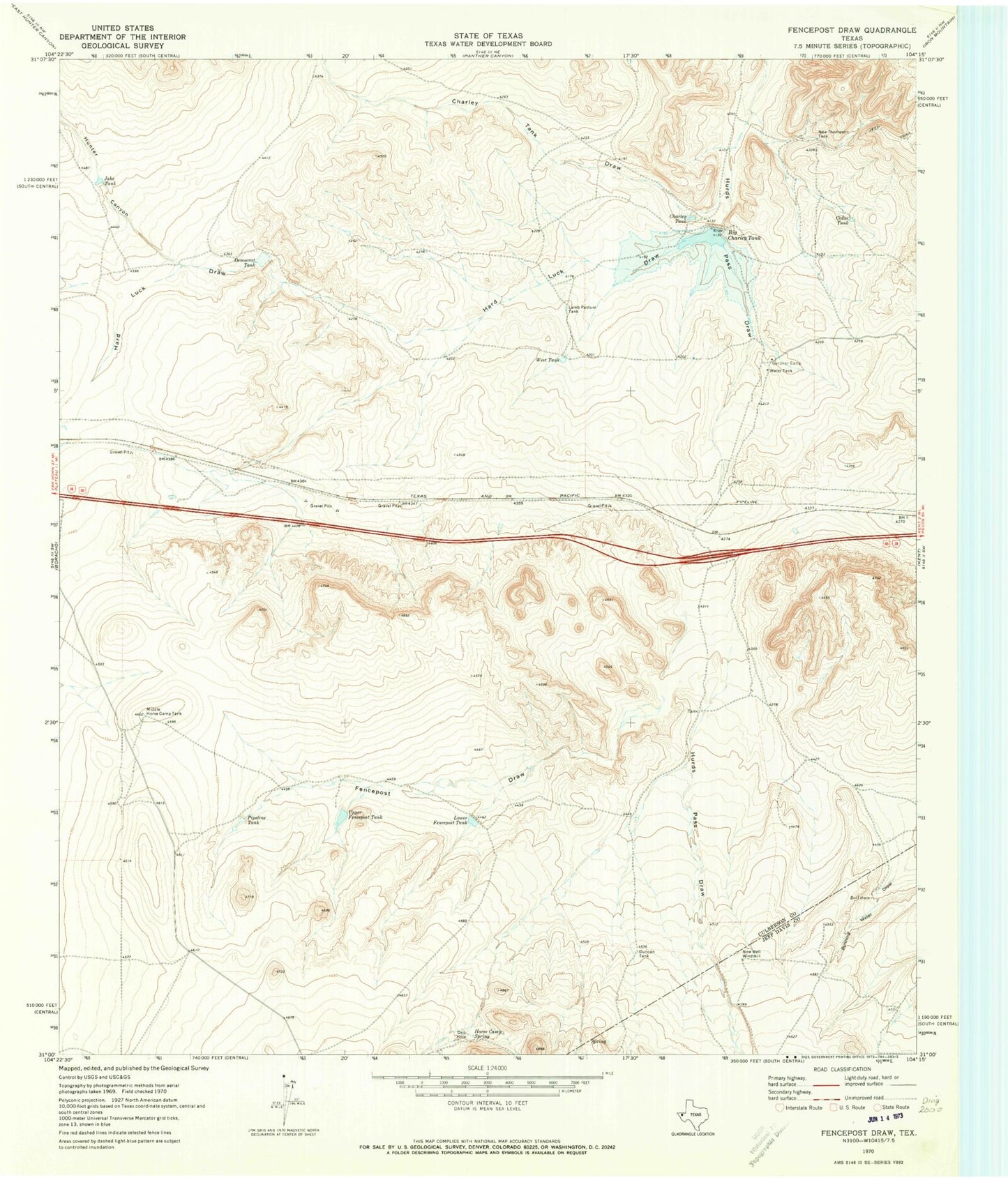 Classic USGS Fencepost Draw Texas 7.5'x7.5' Topo Map Image