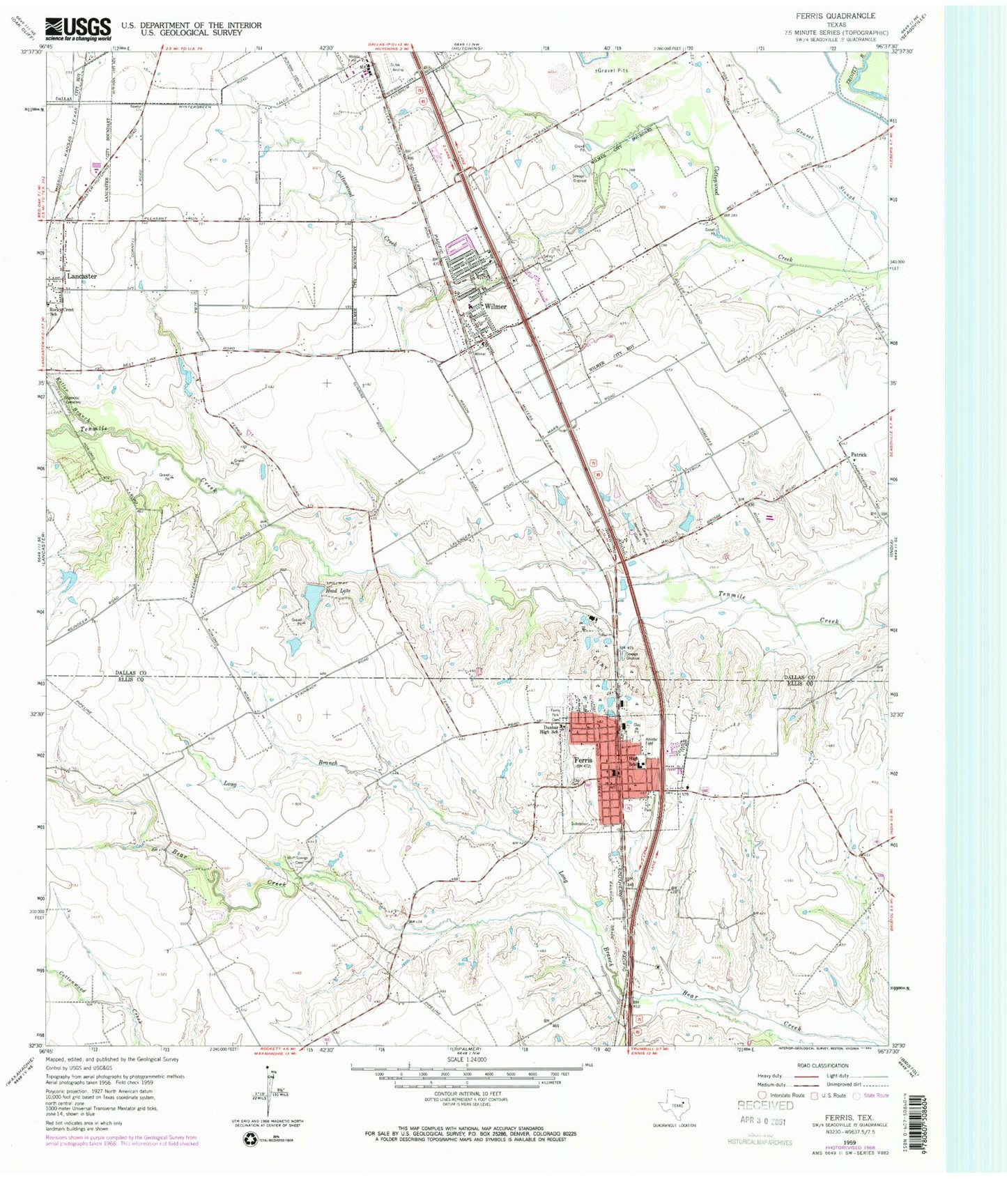 Classic USGS Ferris Texas 7.5'x7.5' Topo Map Image