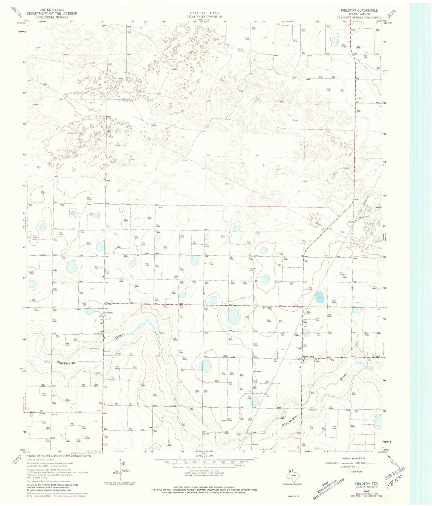 Classic USGS Fieldton Texas 7.5'x7.5' Topo Map Image