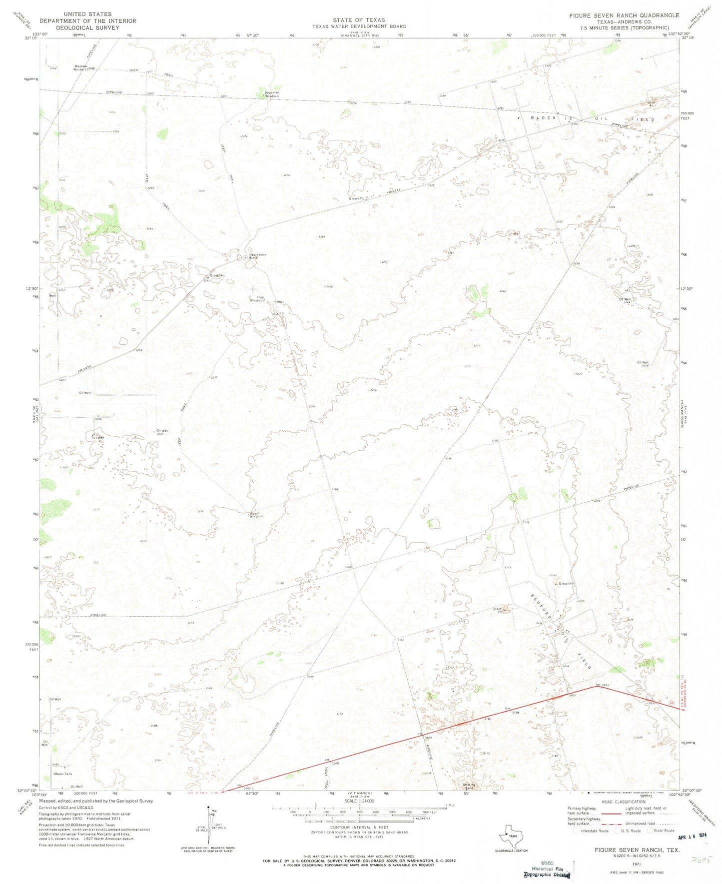 Classic USGS Figure Seven Ranch Texas 7.5'x7.5' Topo Map Image