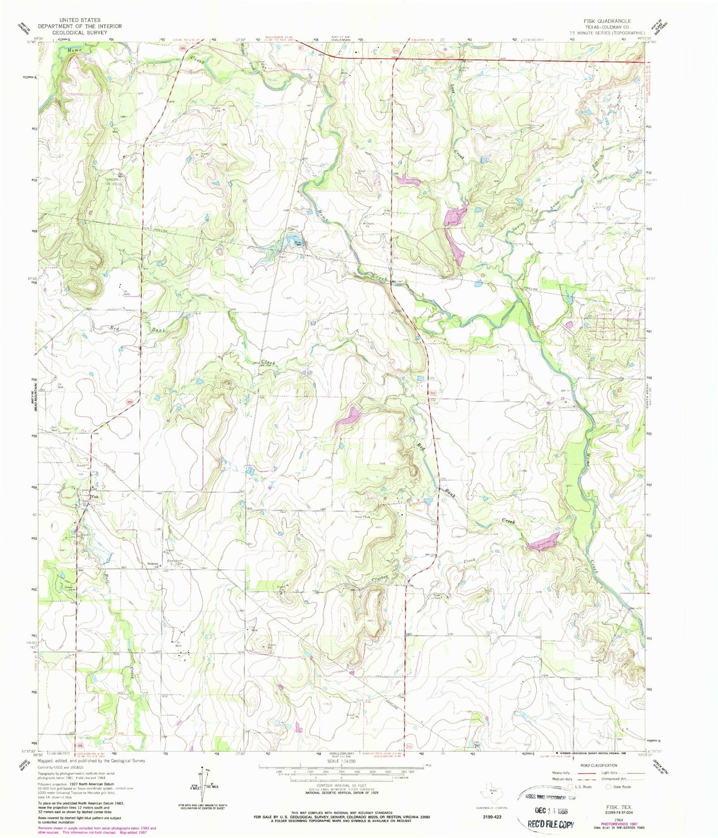 Classic USGS Fisk Texas 7.5'x7.5' Topo Map Image