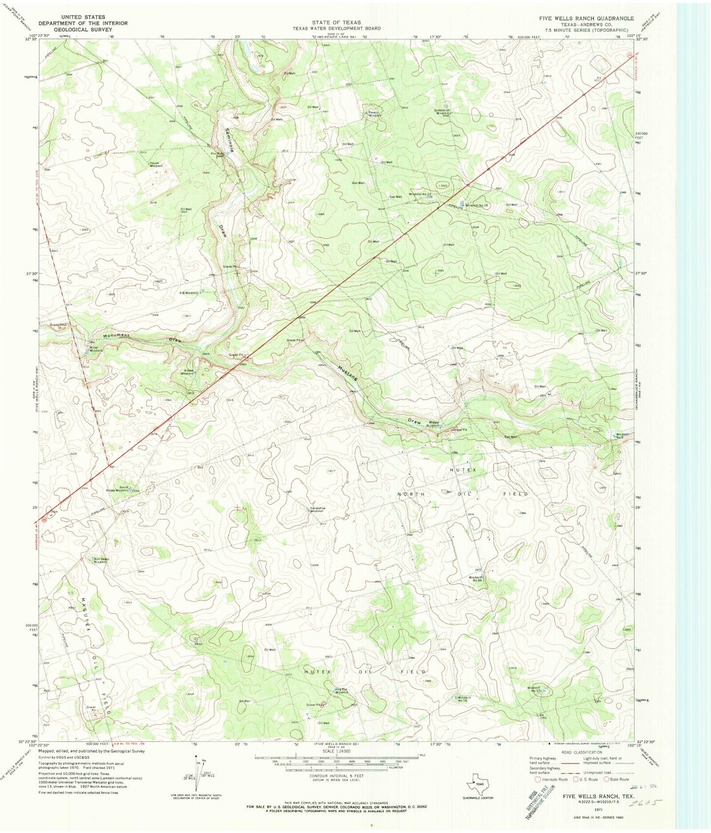 Classic USGS Five Wells Ranch Texas 7.5'x7.5' Topo Map Image