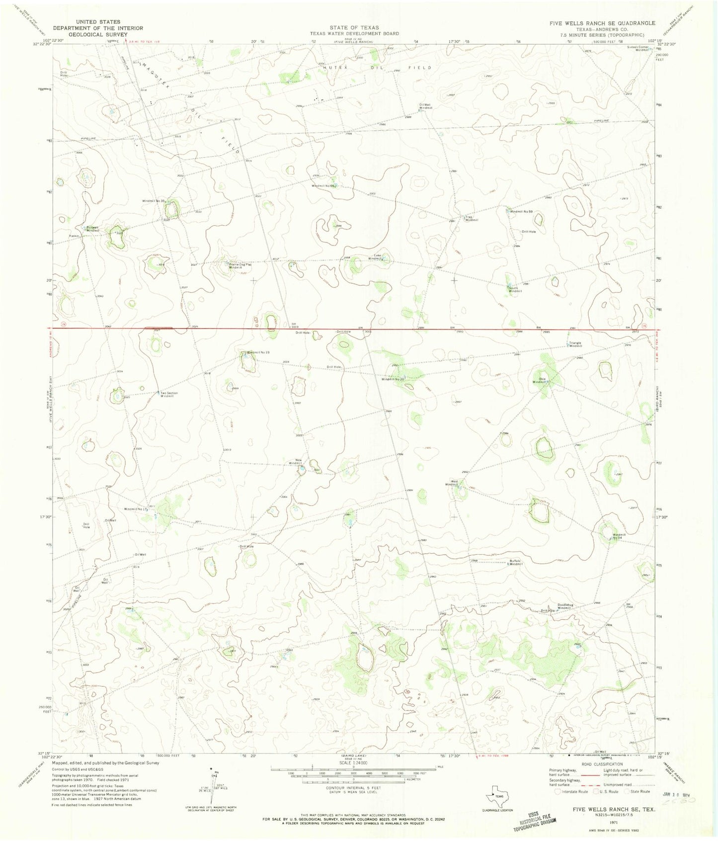Classic USGS Five Wells Ranch SE Texas 7.5'x7.5' Topo Map Image