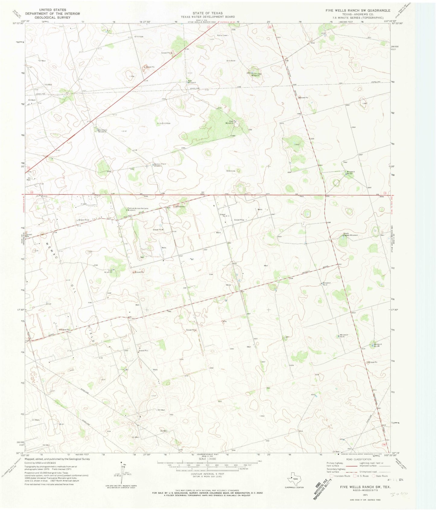 Classic USGS Five Wells Ranch SW Texas 7.5'x7.5' Topo Map Image