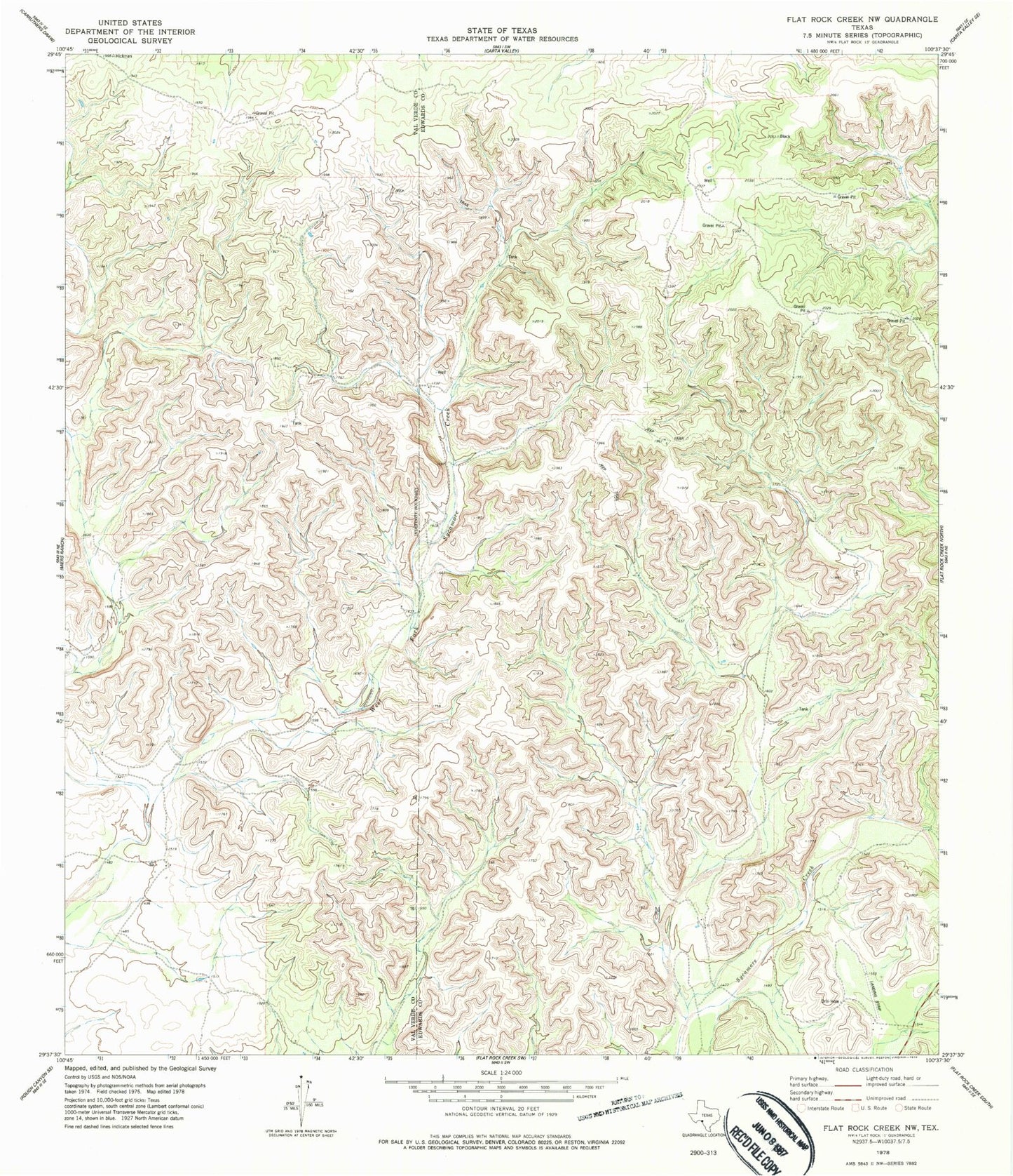 Classic USGS Flat Rock Creek NW Texas 7.5'x7.5' Topo Map Image