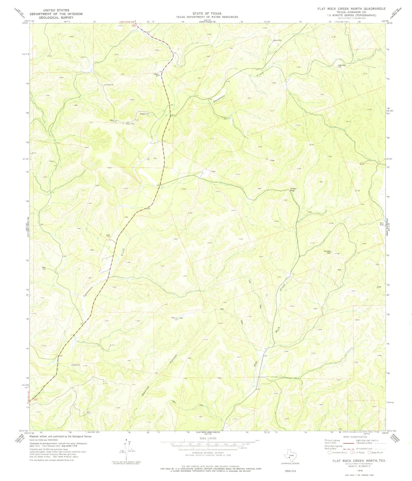 Classic USGS Flat Rock Creek North Texas 7.5'x7.5' Topo Map Image