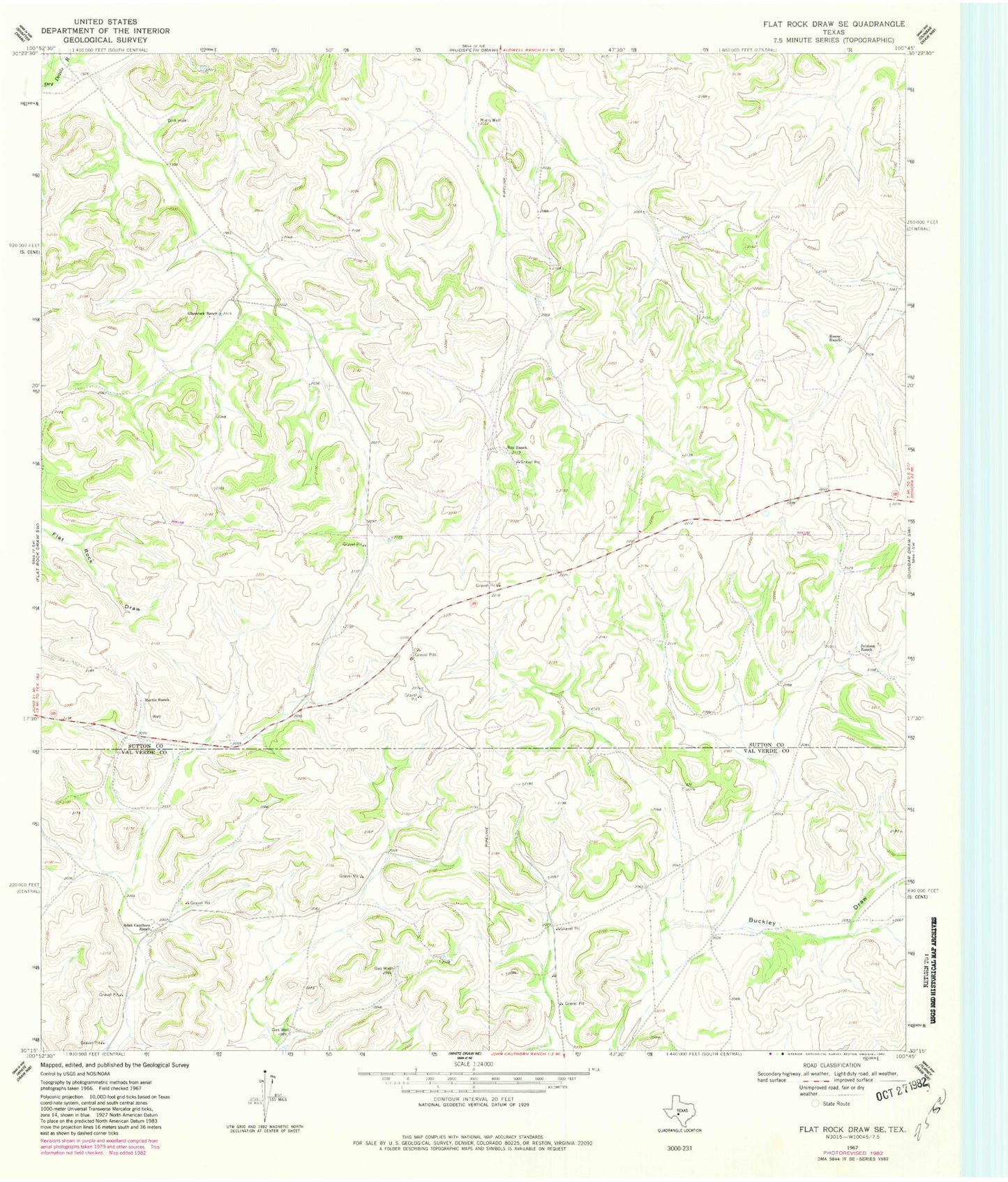 Classic USGS Flat Rock Draw SE Texas 7.5'x7.5' Topo Map Image