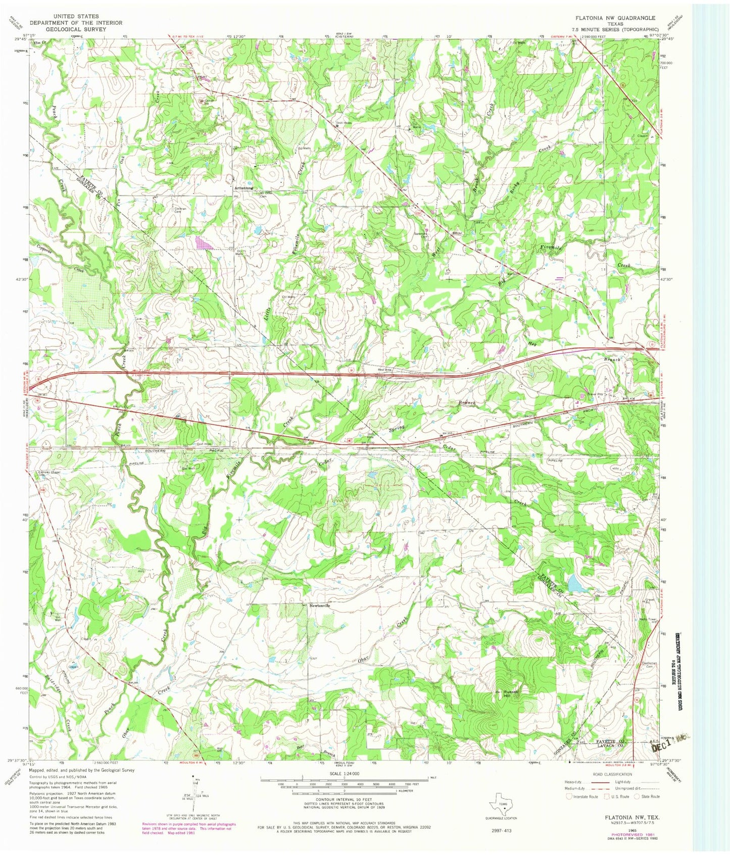 Classic USGS Flatonia NW Texas 7.5'x7.5' Topo Map Image