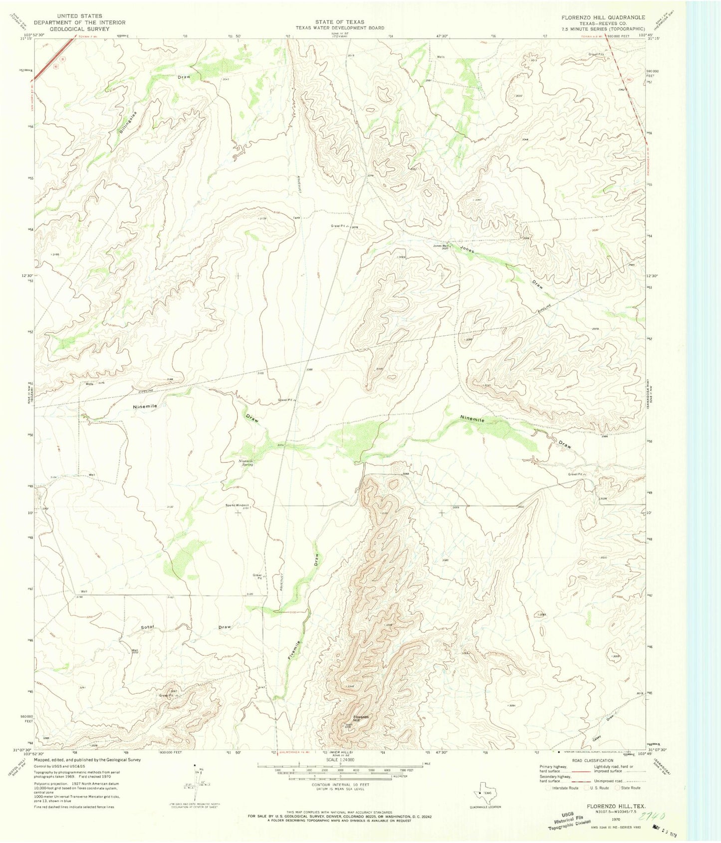 Classic USGS Florenzo Hill Texas 7.5'x7.5' Topo Map Image