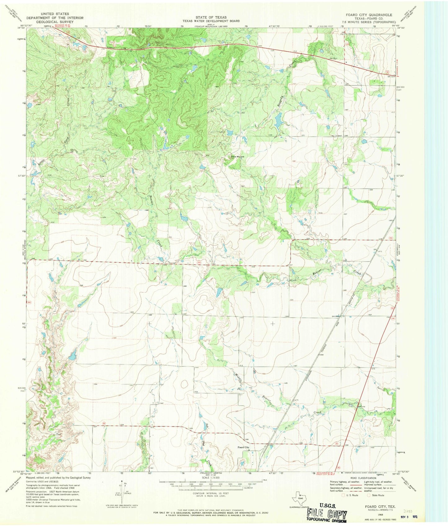 Classic USGS Foard City Texas 7.5'x7.5' Topo Map Image