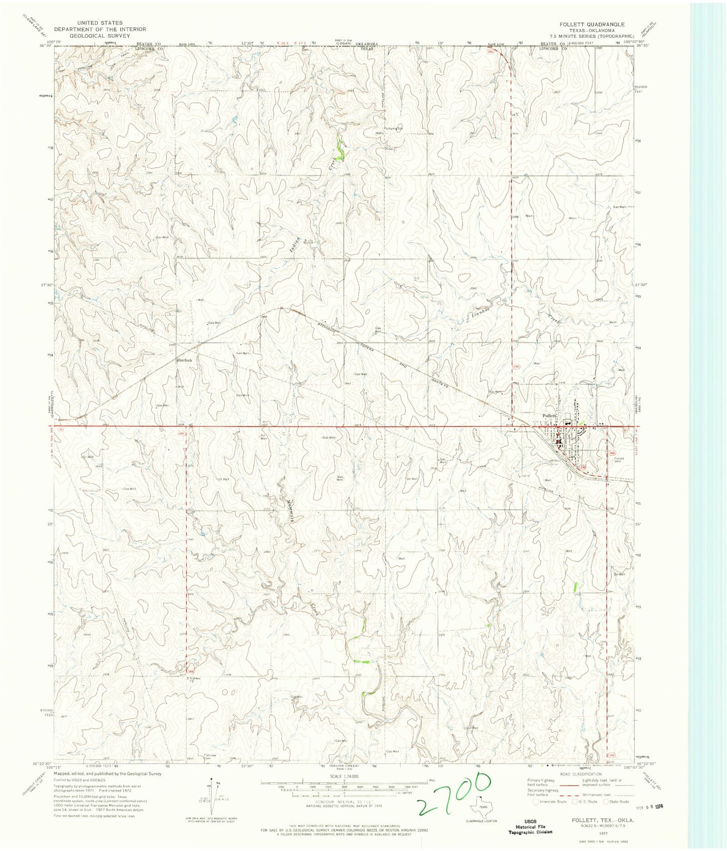 Classic USGS Follett Texas 7.5'x7.5' Topo Map Image