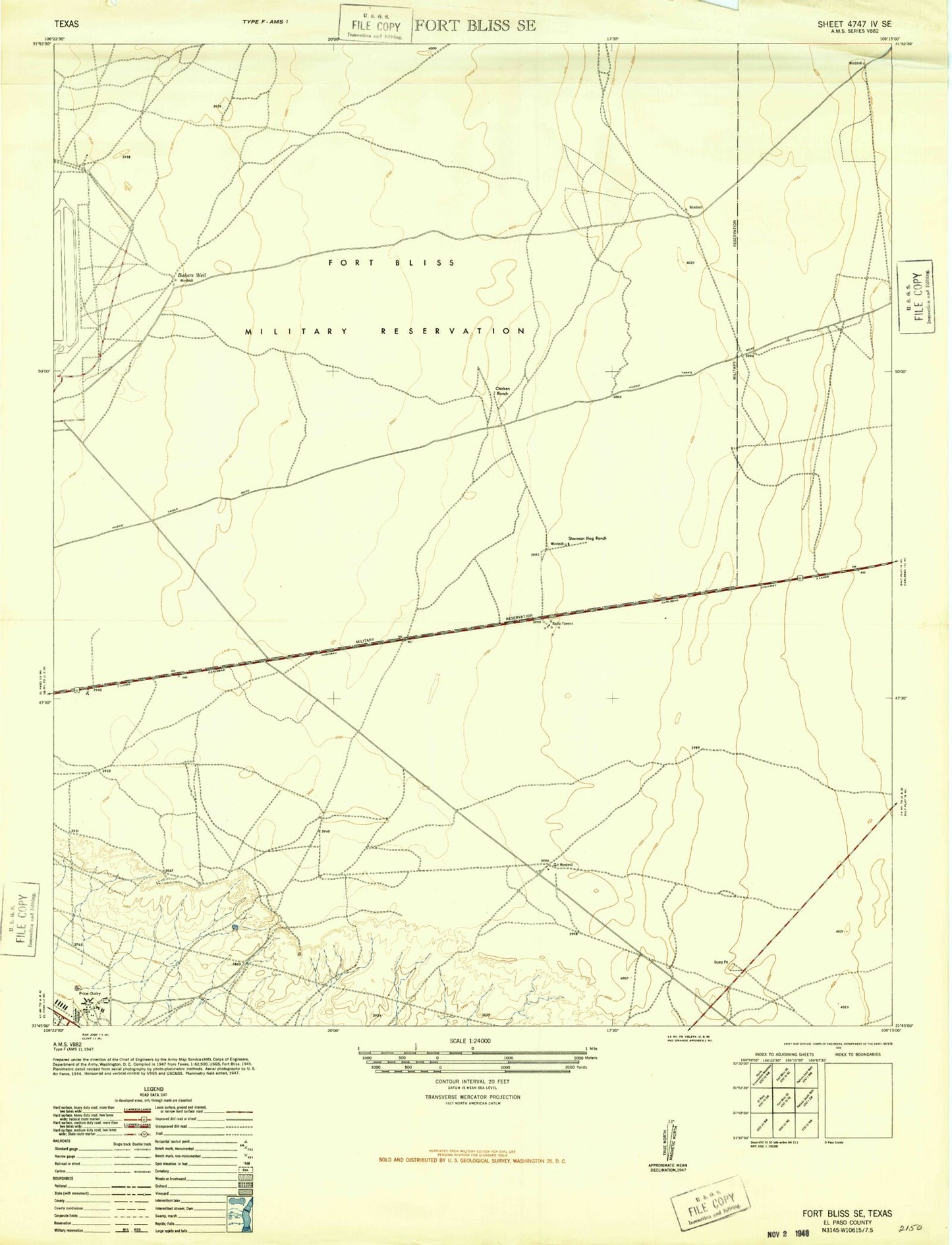 Classic USGS Fort Bliss SE Texas 7.5'x7.5' Topo Map Image