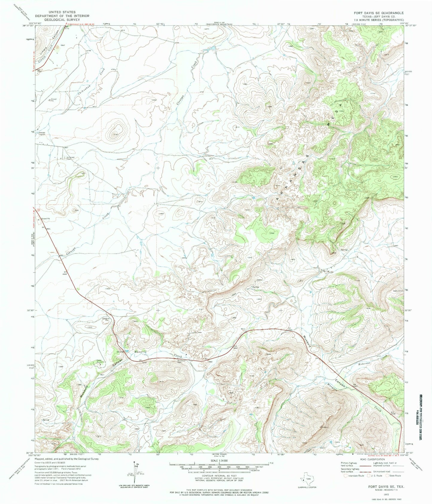 Classic USGS Fort Davis SE Texas 7.5'x7.5' Topo Map Image