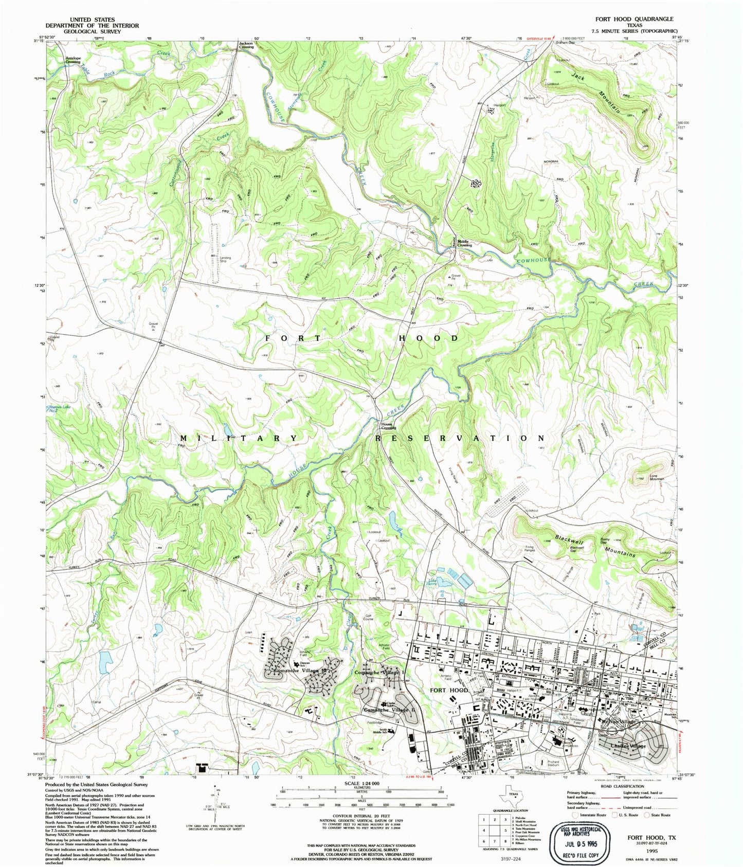 Classic USGS Fort Hood Texas 7.5'x7.5' Topo Map Image