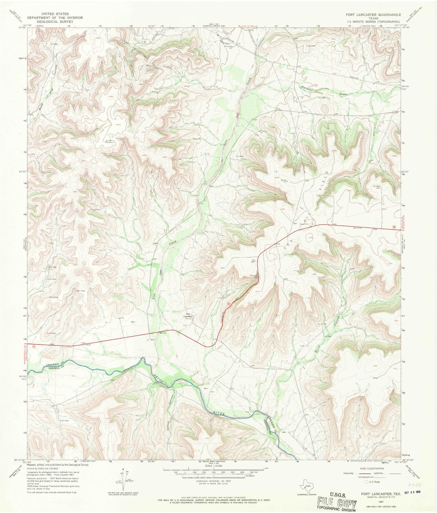 Classic USGS Fort Lancaster Texas 7.5'x7.5' Topo Map Image
