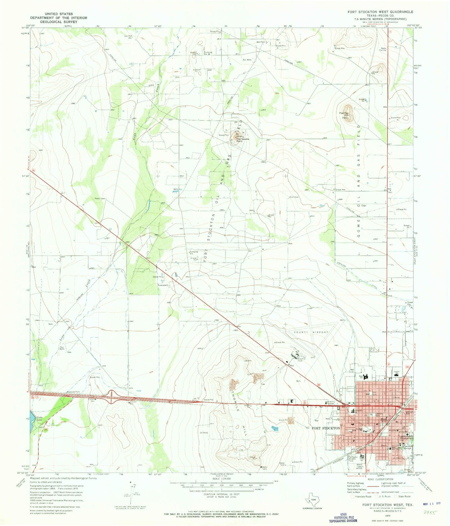 Classic USGS Fort Stockton West Texas 7.5'x7.5' Topo Map Image