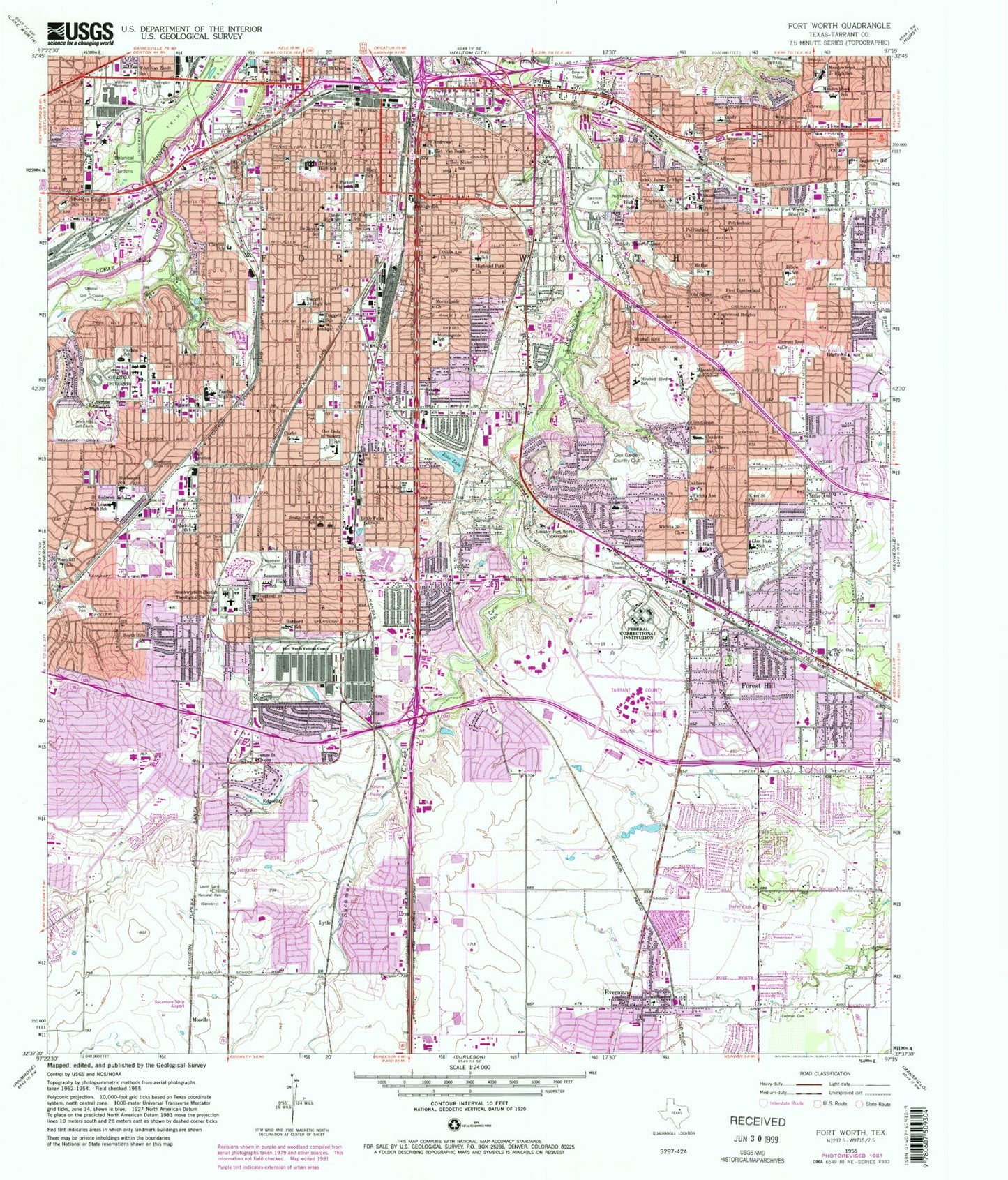 Classic USGS Fort Worth Texas 7.5'x7.5' Topo Map Image