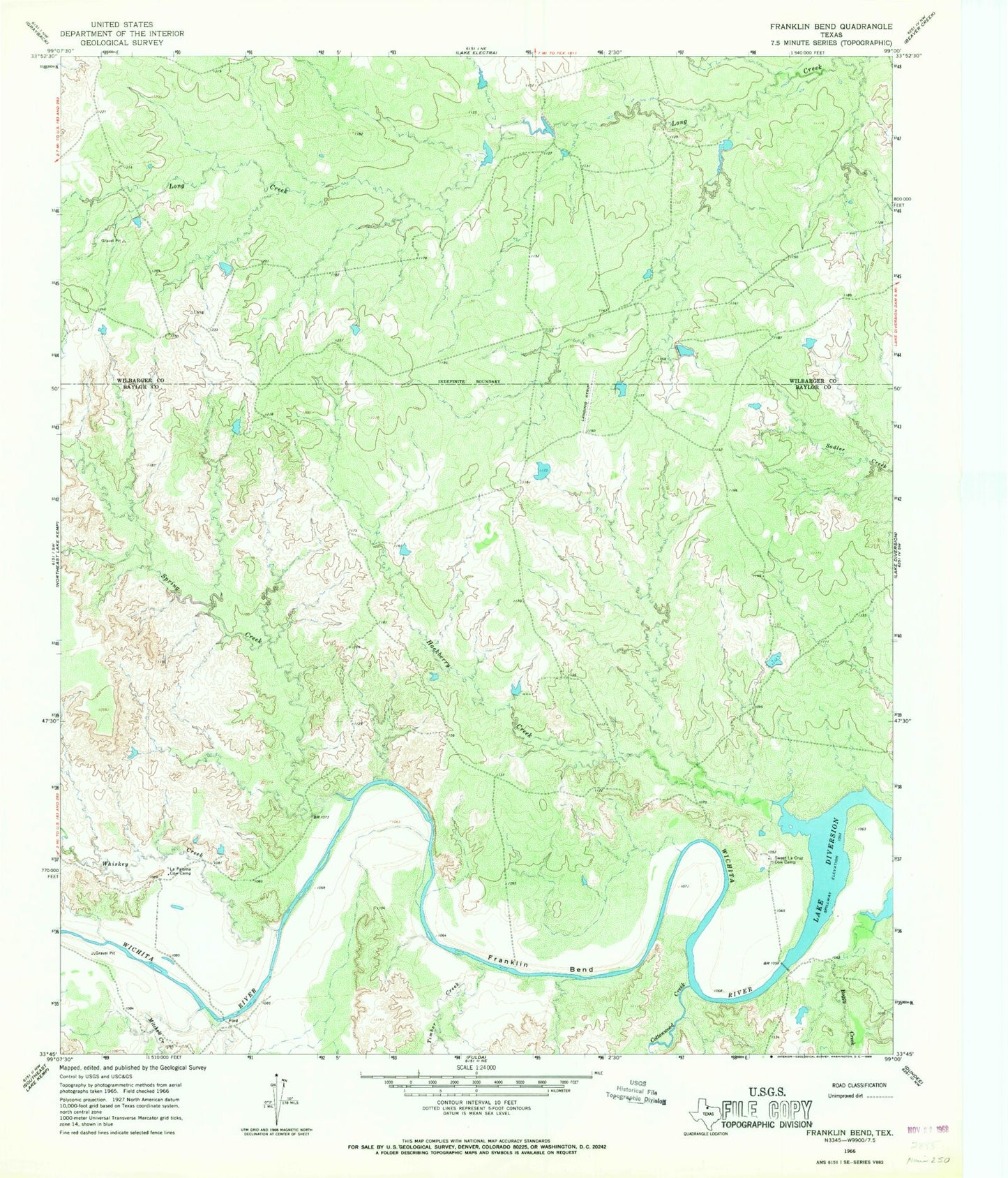 Classic USGS Franklin Bend Texas 7.5'x7.5' Topo Map Image