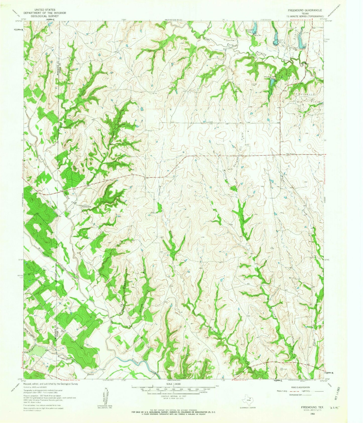 Classic USGS Freemound Texas 7.5'x7.5' Topo Map Image