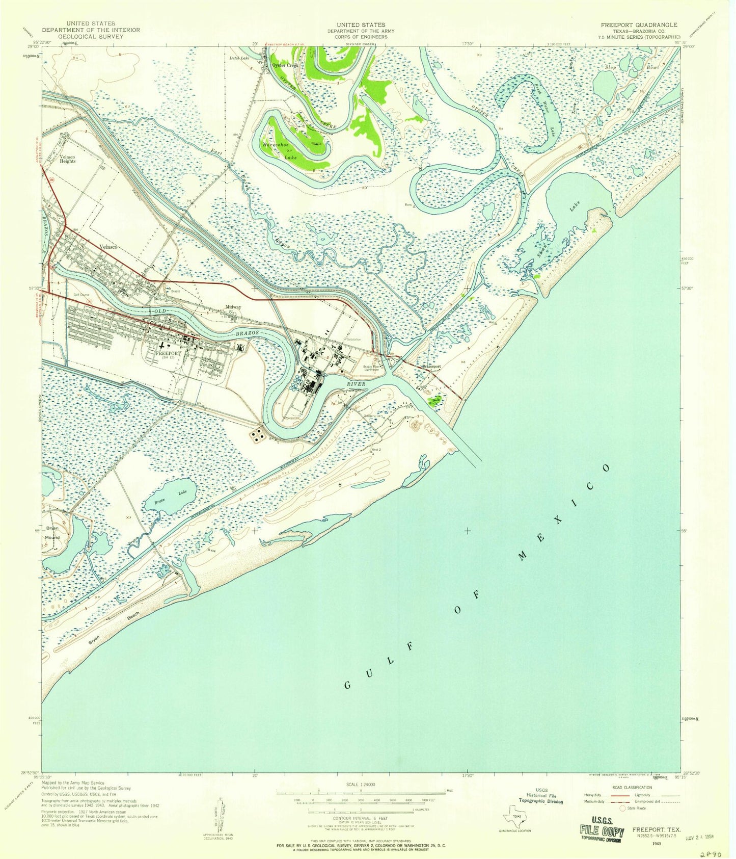 Classic USGS Freeport Texas 7.5'x7.5' Topo Map Image