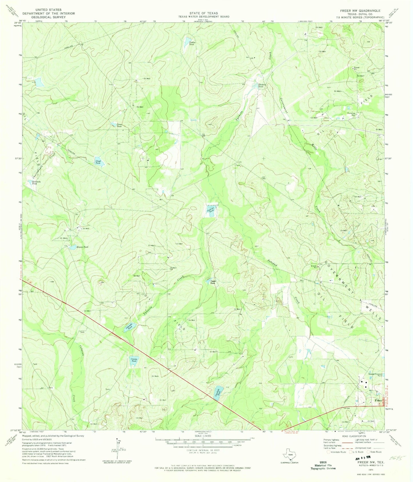 Classic USGS Freer NW Texas 7.5'x7.5' Topo Map Image