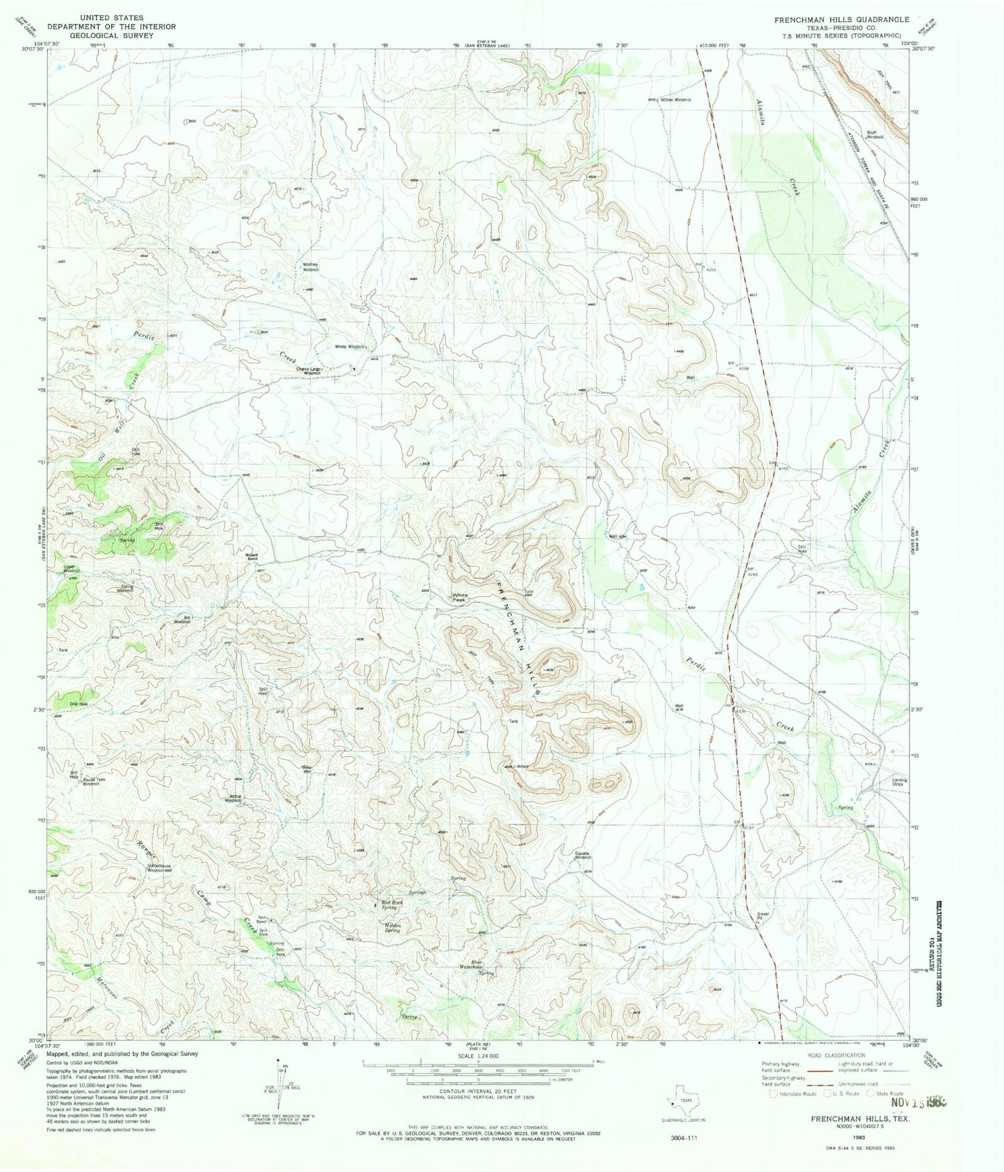 Classic USGS Frenchman Hills Texas 7.5'x7.5' Topo Map Image