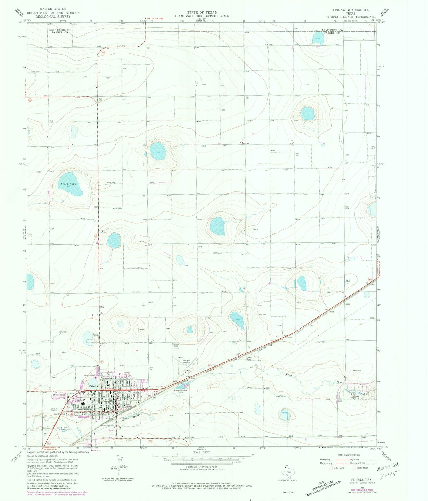 Classic USGS Friona Texas 7.5'x7.5' Topo Map Image