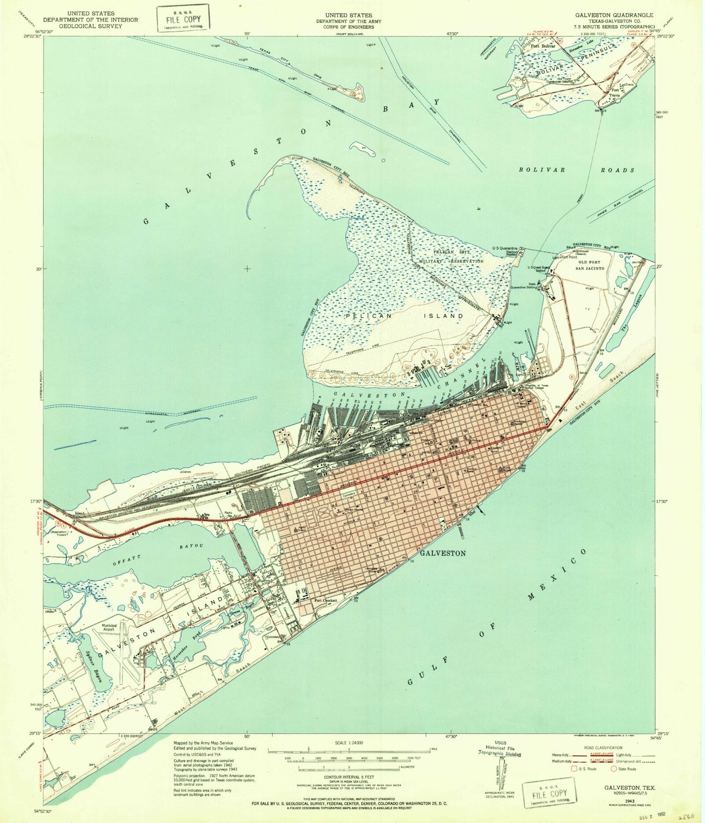 Classic USGS Galveston Texas 7.5'x7.5' Topo Map Image