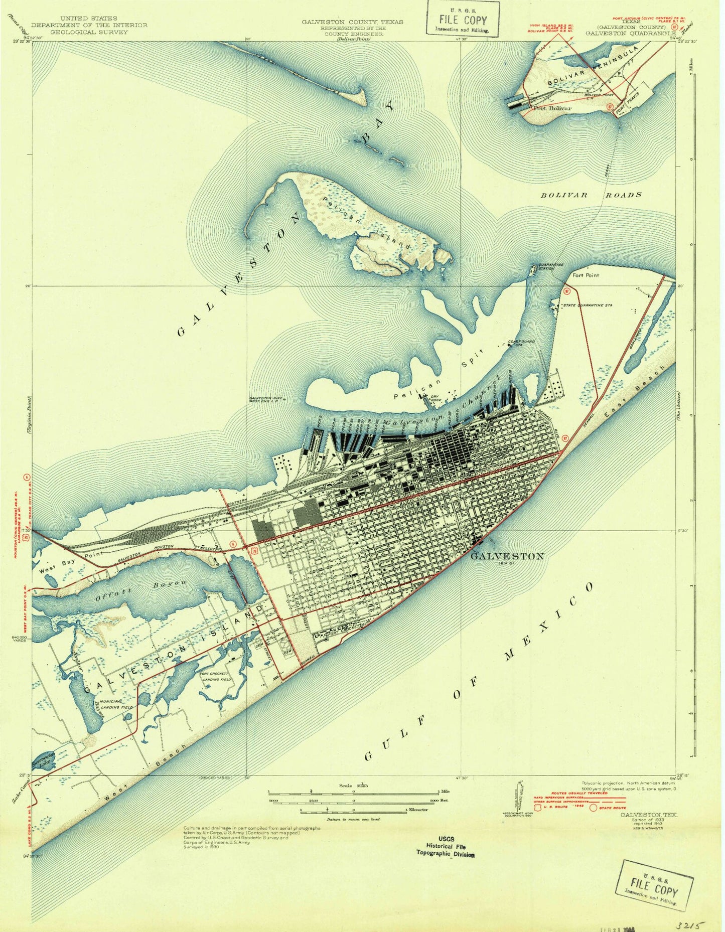 Classic USGS Galveston Texas 7.5'x7.5' Topo Map Image